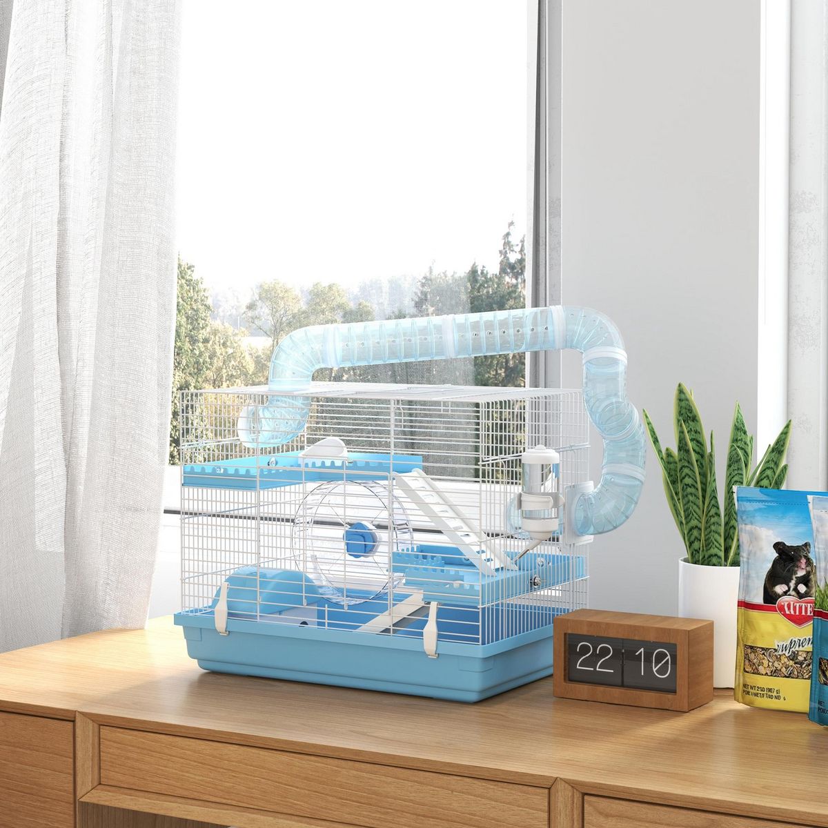 PAWHUT Cage pour hamster portable 2 portes 2 étages nombreux accessoires et tubes blanc bleu