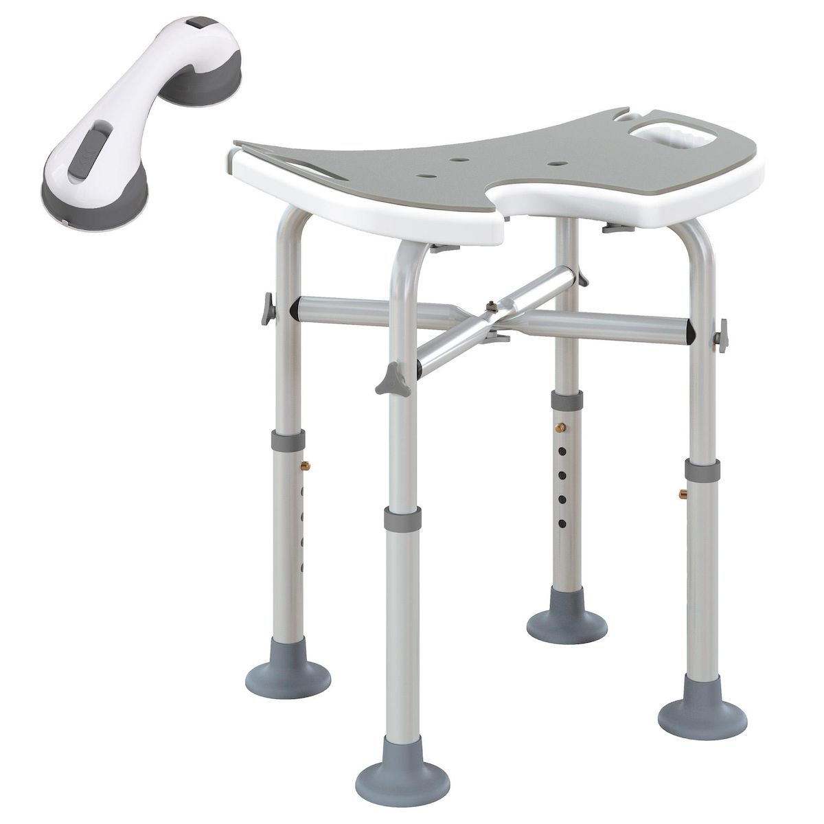 HOMCOM Tabouret de douche - siège de douche avec barre d'appui ventouse - hauteur réglable - alu HDPE gris blanc
