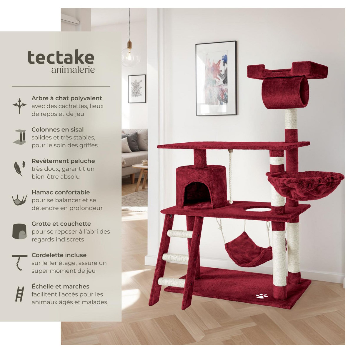 tectake Arbre à chat 141 cm avec griffoir et plateforme d'escalade rouge bordeaux