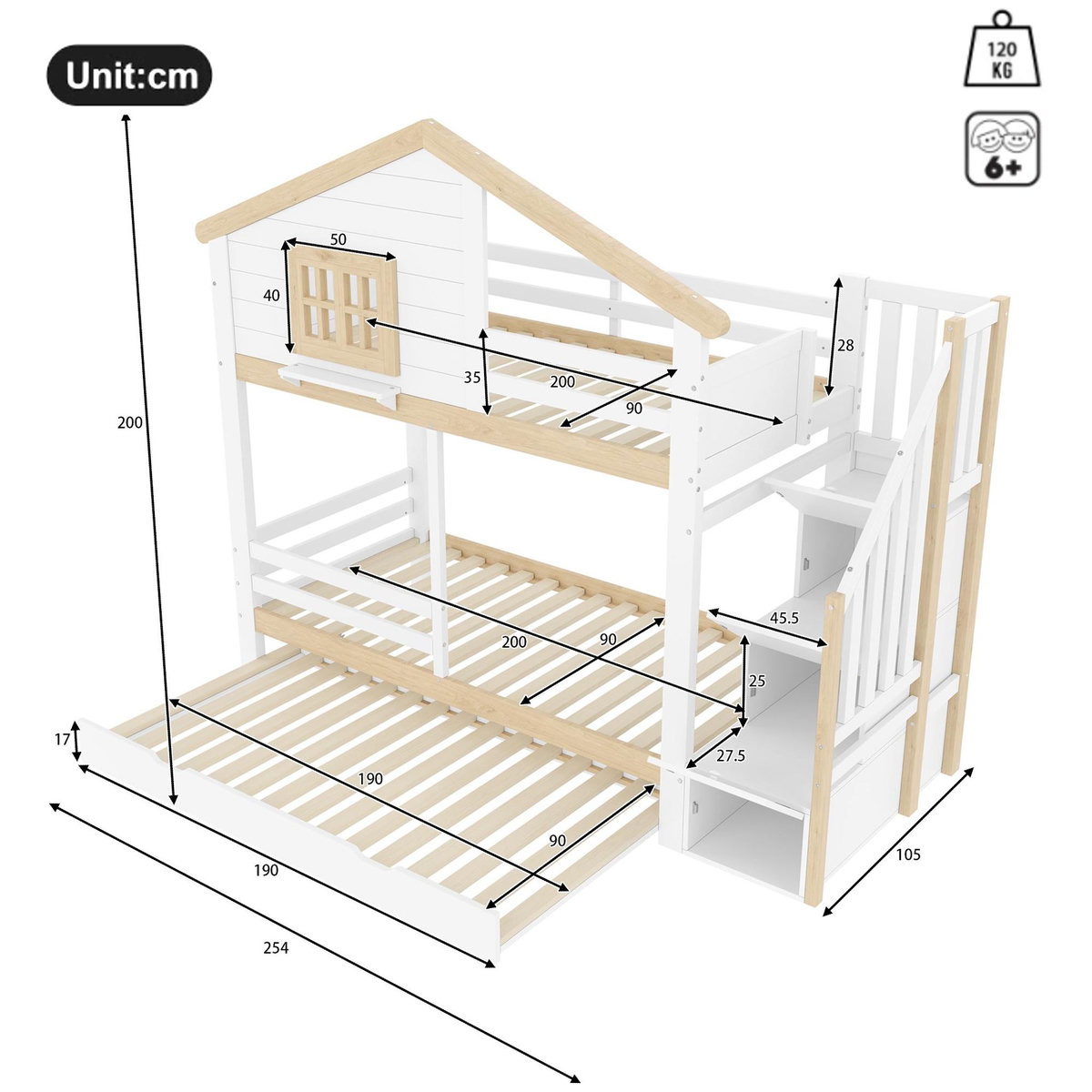MERAX Lit superposé 90x200cm coloris blanc+naturel pin