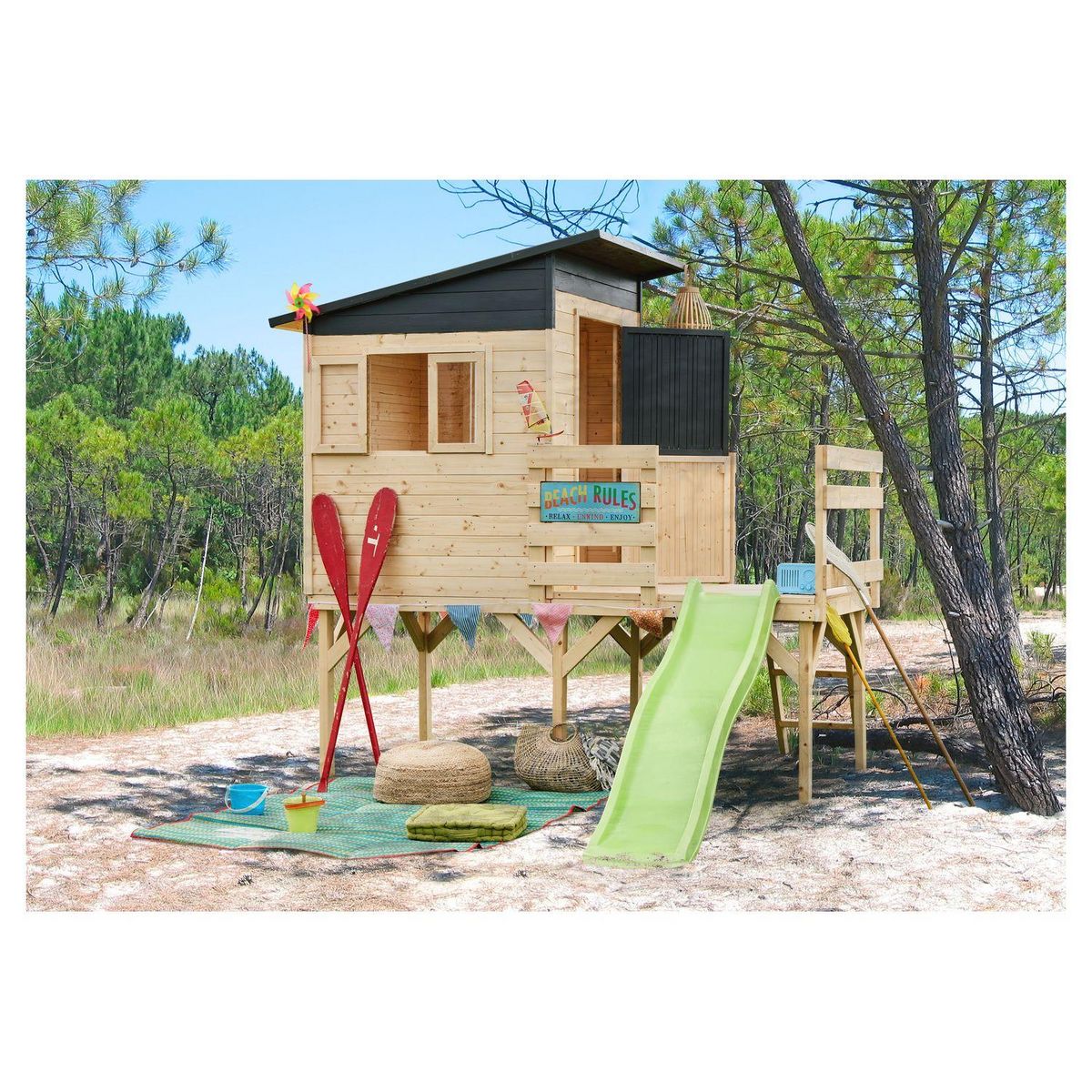 Soulet Cabane de jardin pour enfant avec toboggan - Bois - H2.46m - PORTLAND