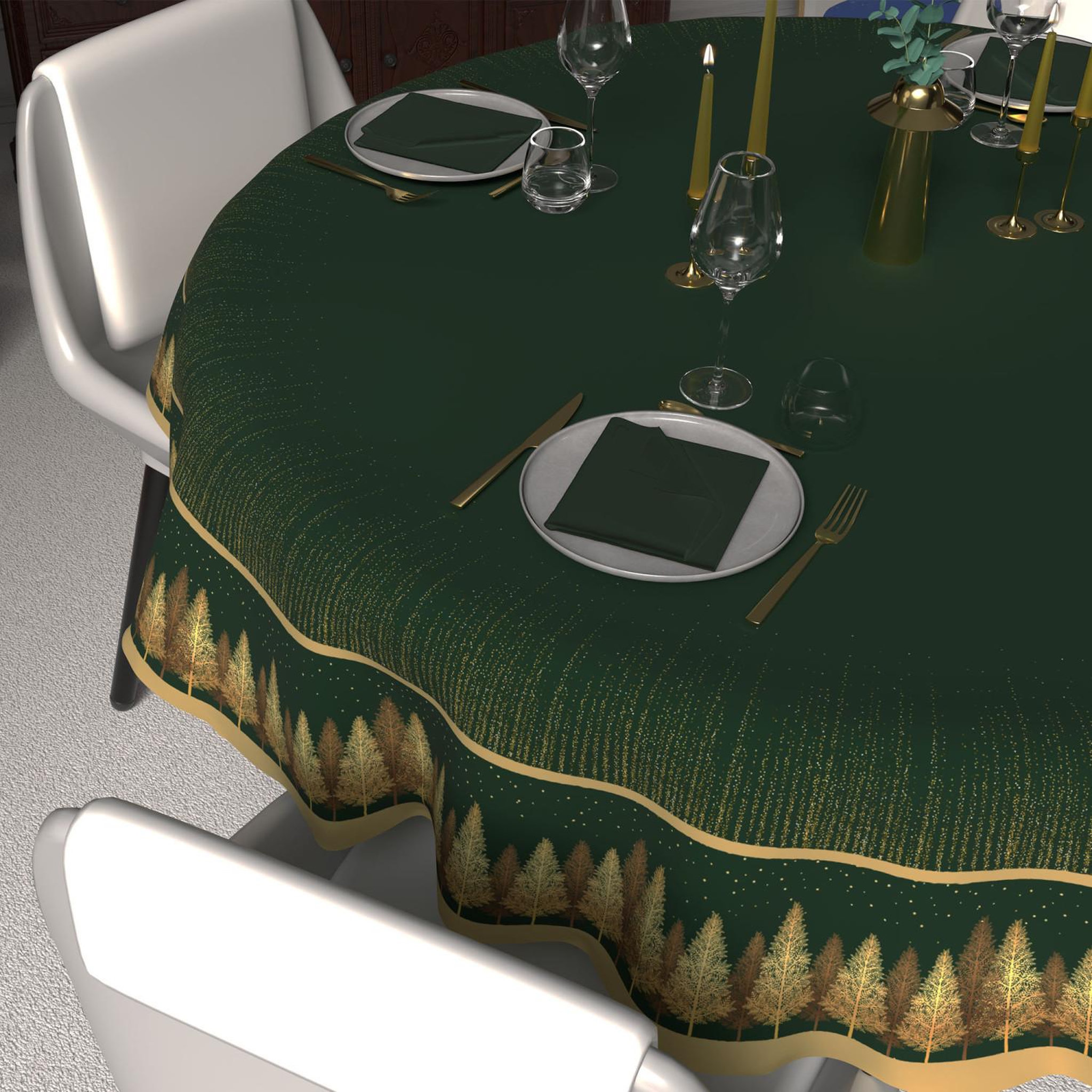 Voir la diapositive 2 : SOLEIL D'OCRE Nappe festive imprimée anti-tâches FORET, par Soleil d'Ocre