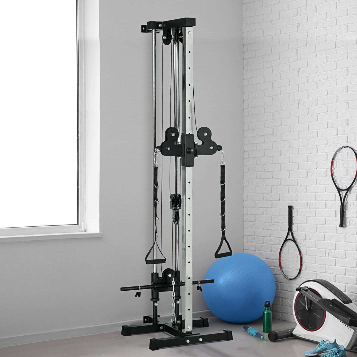 HOMCOM Station de musculation montage mural - double poulie, tirage poitrine, lat pulldown - acier gris noir
