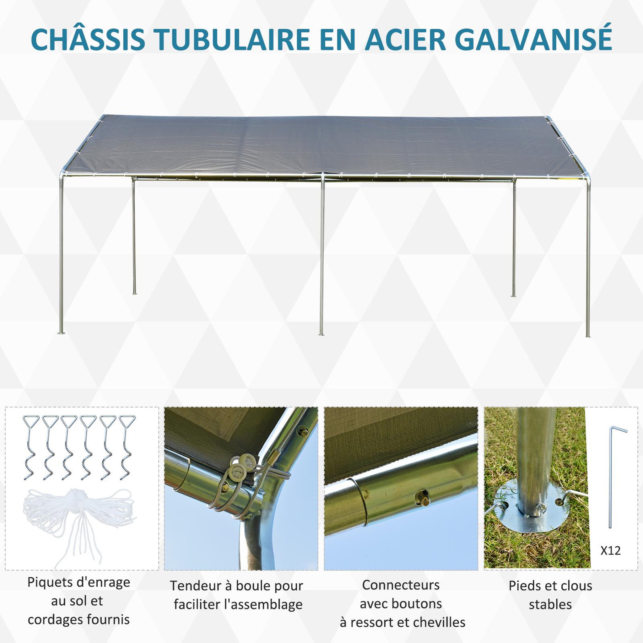 Voir la diapositive 6 : OUTSUNNY Carport auvent pour voiture 5,95L x 2,90l x 2,60H m acier galvanisé robuste PE haute densité