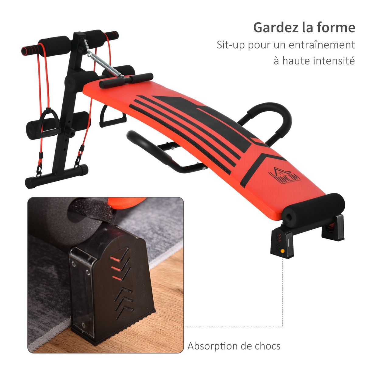 HOMCOM Banc de musculation pliable réglable - 2 bandes de résistance, ressort central traction, 2 poignées - acier PU rouge noir