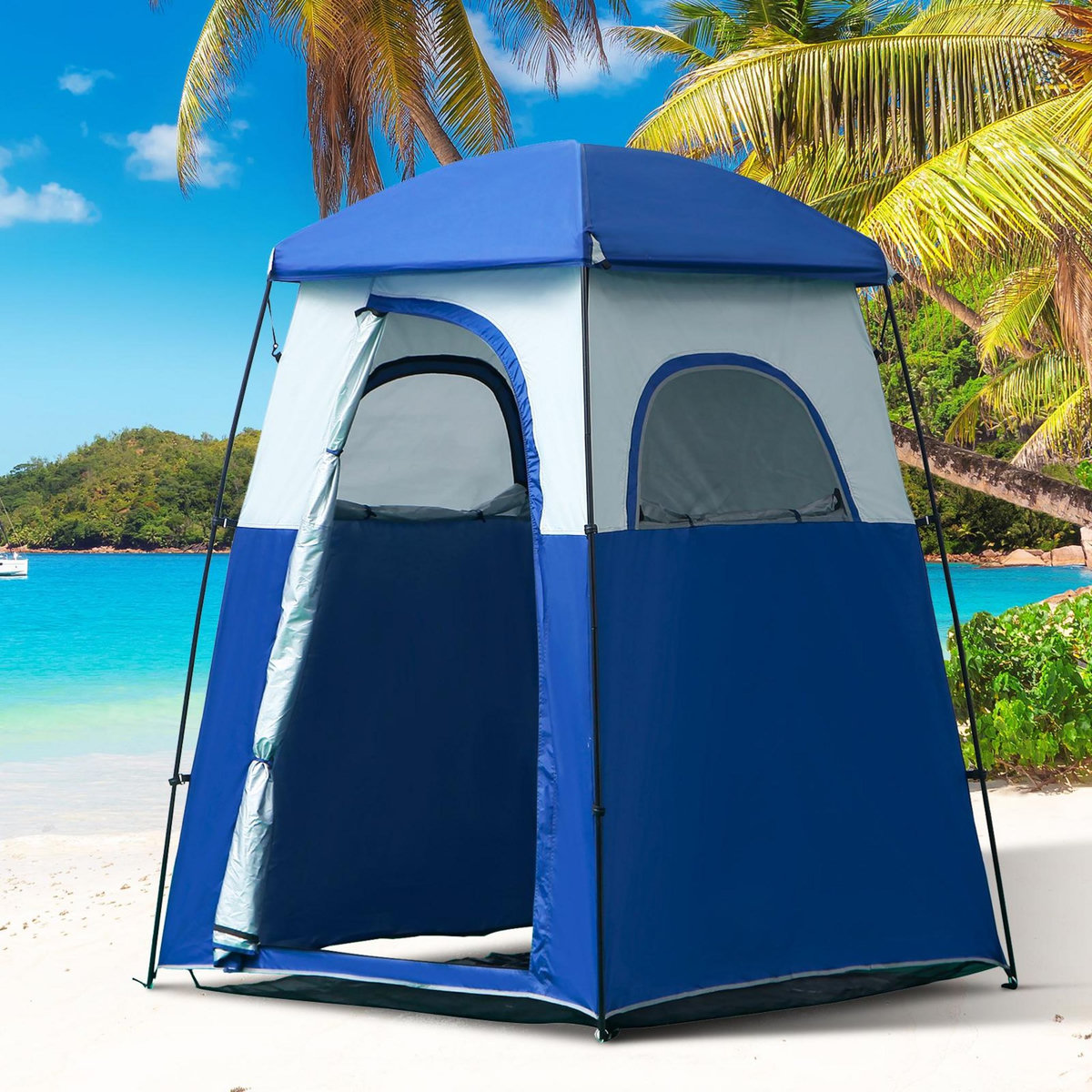 OUTSUNNY Tente cabine de douche portable pour camping 1-2 personnes sac de transport inclus étanche - Oxford - dim. 167L x 167l x 224H cm - bleu et blanc