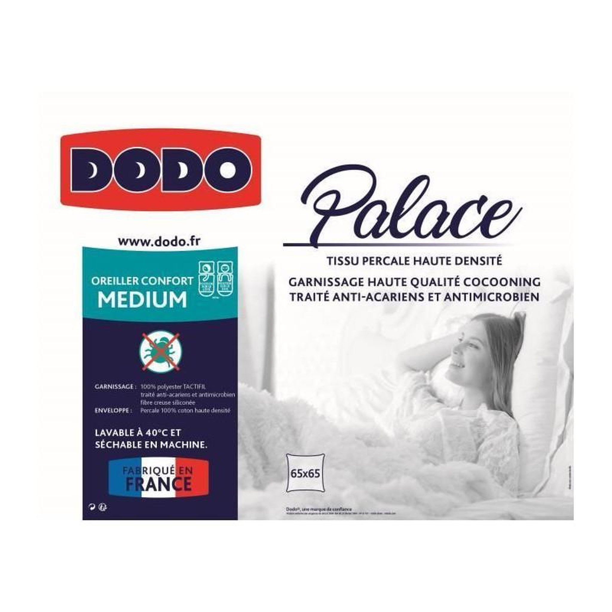 Voir la diapositive 3 : DODO DODO Oreiller Percale Anti-Acariens PALACE - 65 x 65 cm