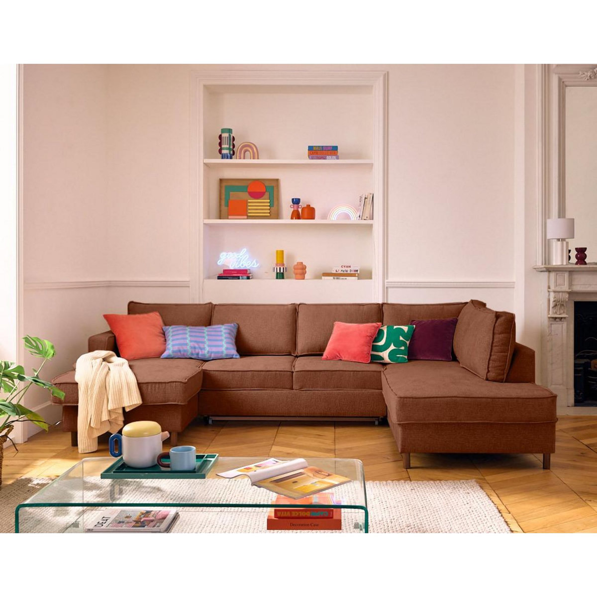 LISA DESIGN Jake - canapé panoramique d'angle droit 7 places convertible avec coffre en tissu velours relief