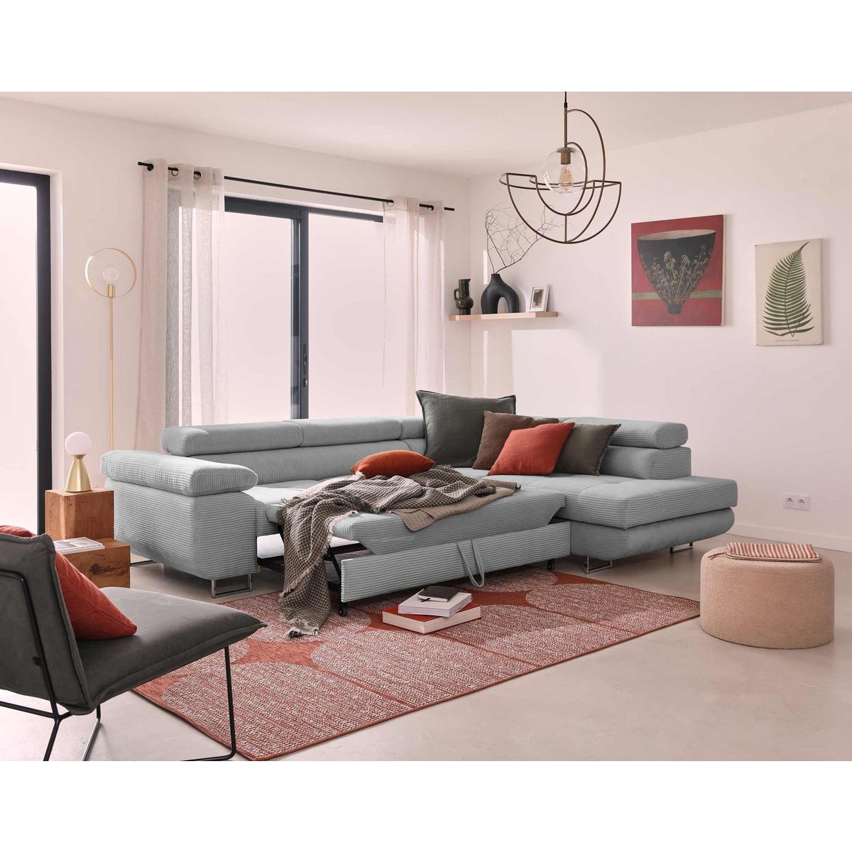 BEST MOBILIER Zaria - canapé d'angle droit - convertible avec coffre et têtières réglables - 5 places - en velours côtelé