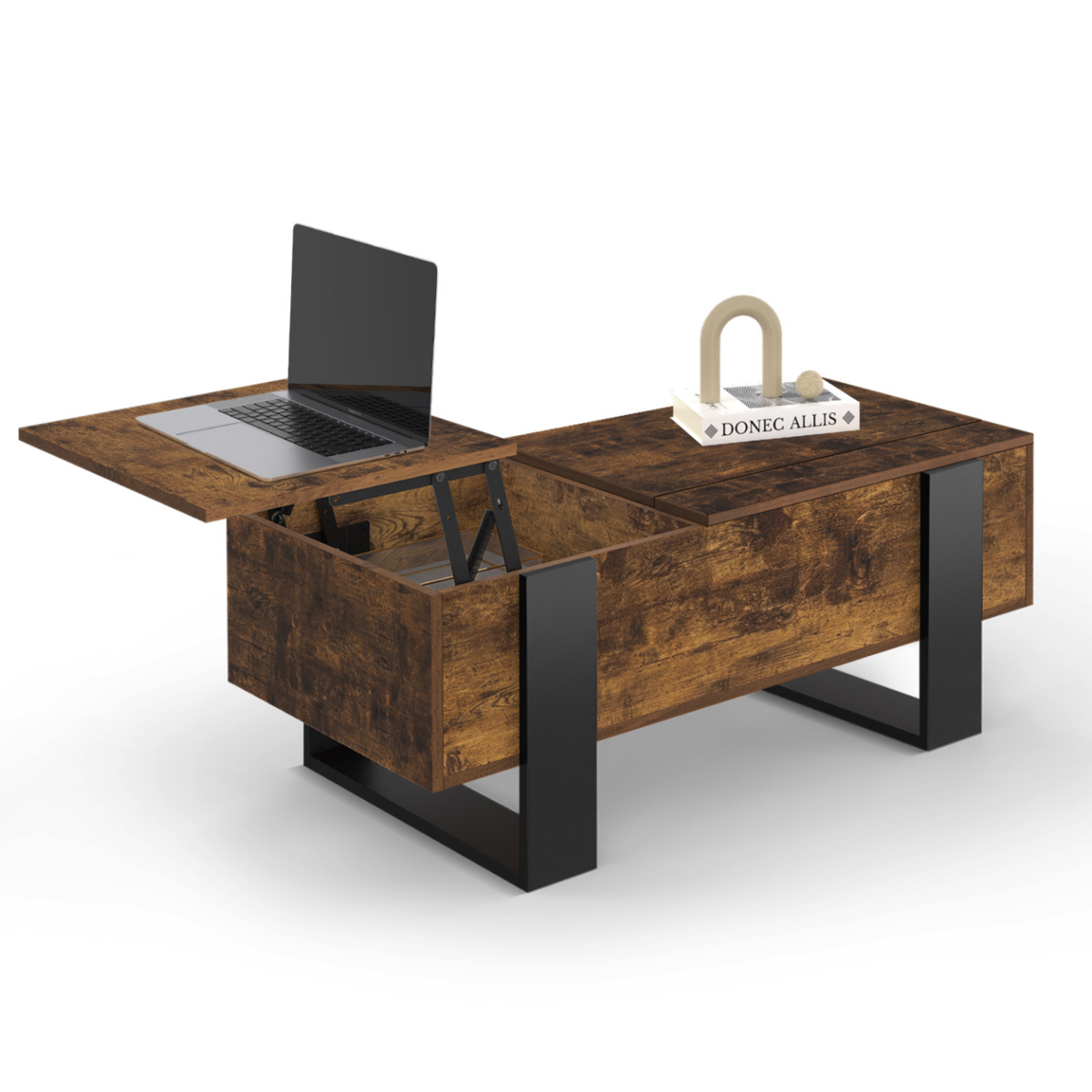 ID MARKET Table basse 2 plateaux relevables PHOENIX bois effet vieilli et noir