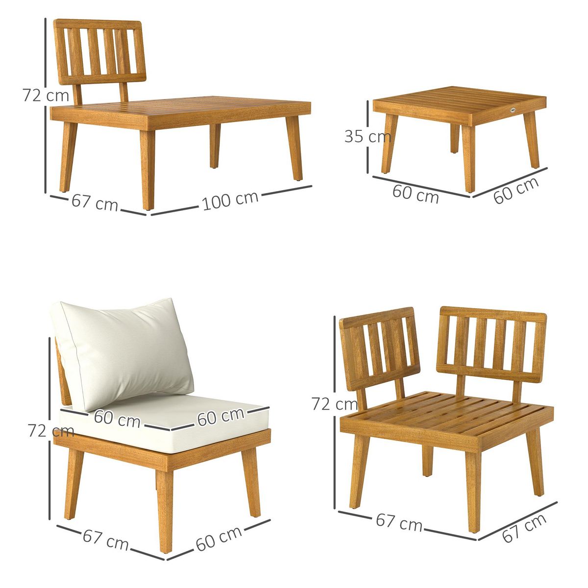 OUTSUNNY Salon de jardin d'angle 5 places en bois d'acacia avec table basse et tablettes latérales coussins crème