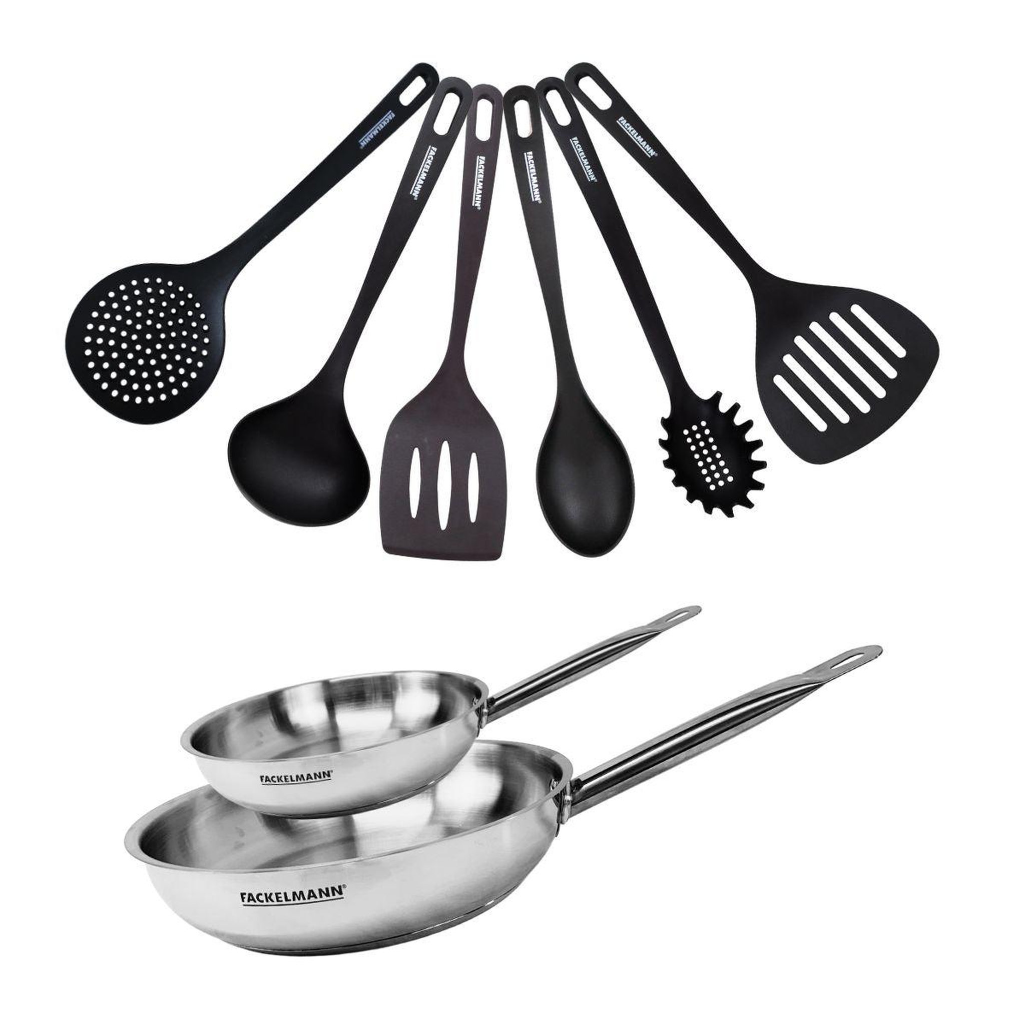 Fackelmann Set de 2 poêles 20 et 28 cm en inox et 6 ustensiles fackelmann eterna