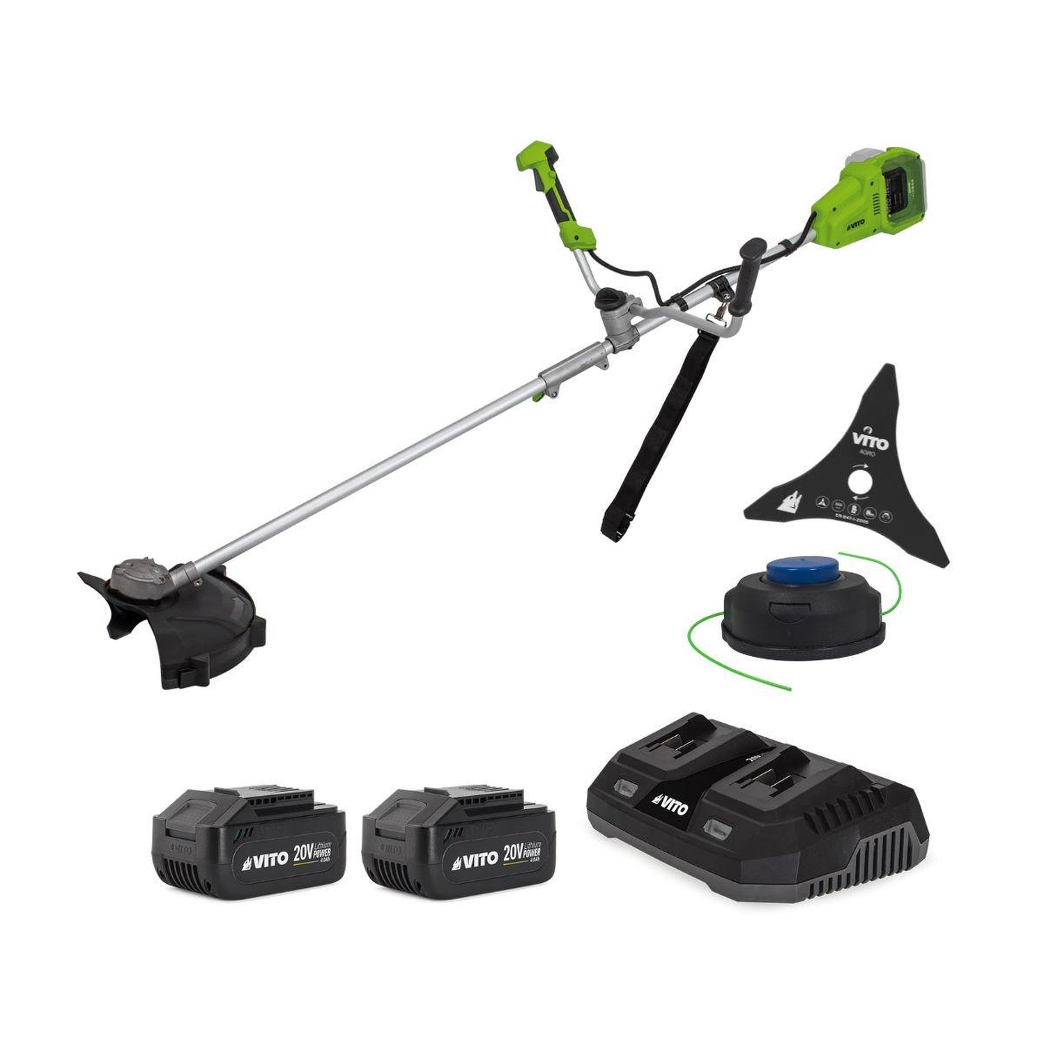 Voir la diapositive 1 : VITO Débroussailleuse et coupe bordure 40v 2 batteries lithium 4.0 ah + chargeur double lame 3 dents bobine de fil + harnais vito