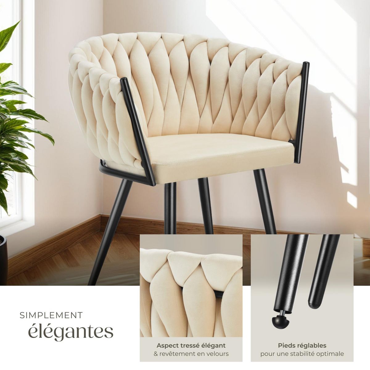 tectake Lot de chaises de salle à manger rembourrée avec revêtement en velours et design noué sable Lot de 2