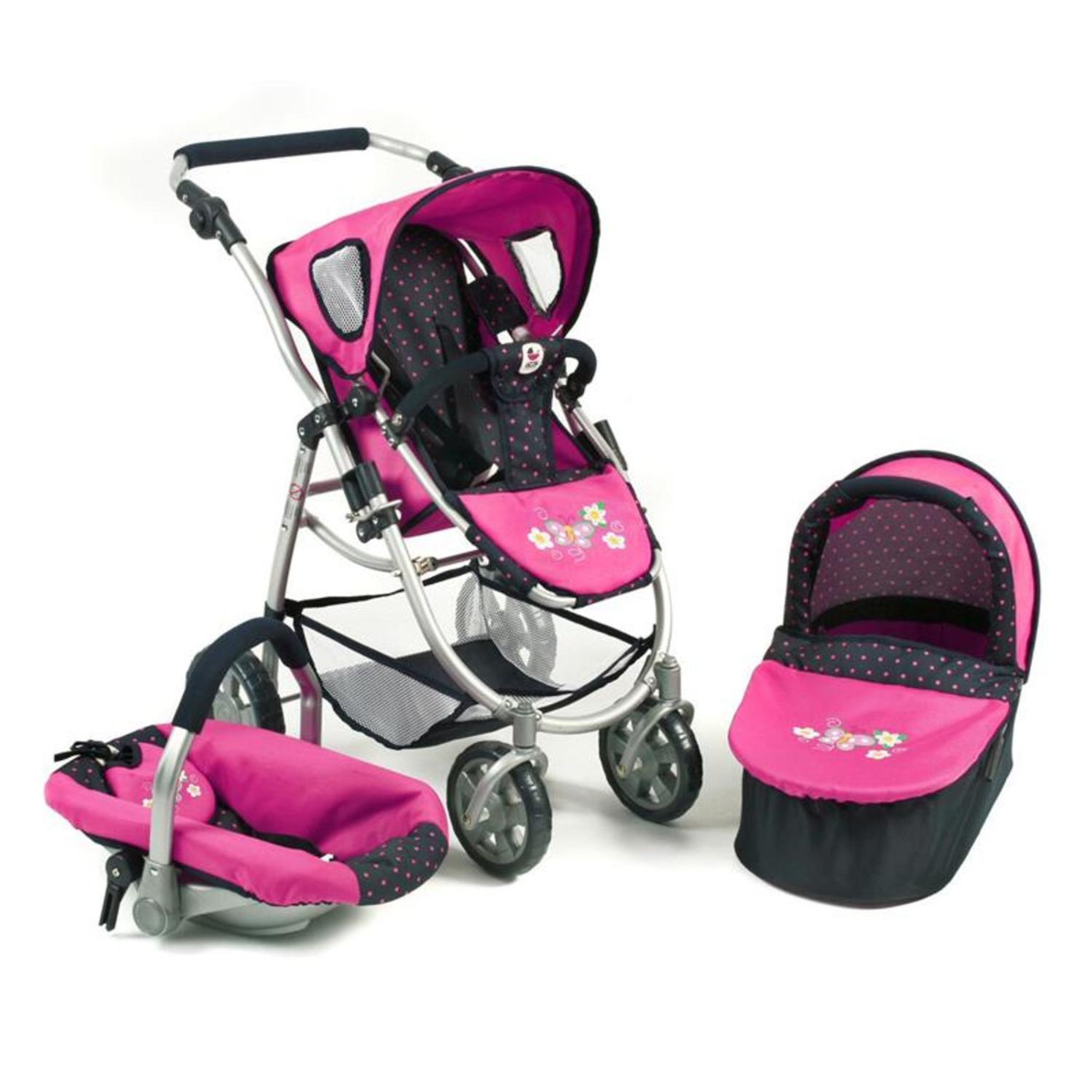 BAYER CHIC 2000 La poussette pour poupées, combinée 3 en 1 EMOTION ALL IN - Marine et rose à pois