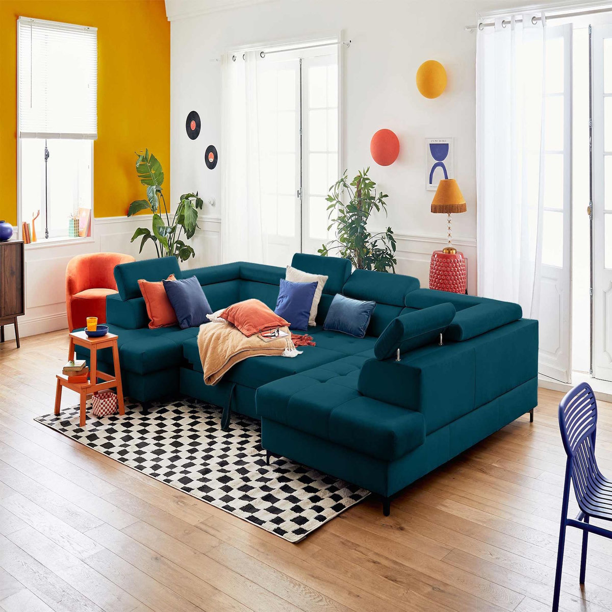 LISA DESIGN Merida - canapé panoramique en u - 7 places - convertible avec coffres et têtières réglables - en velours