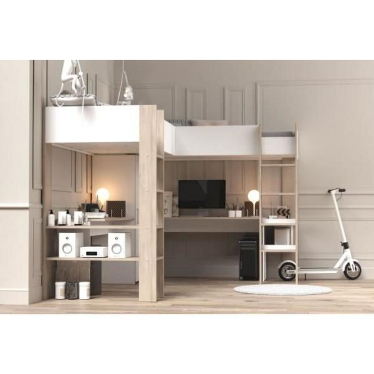 PARISOT Lit double mezzanine combiné enfant ALEXANDRA avec 2 bureaux et rangements - 2x90x200 cm - Blanc/Chene - Sommiers inclus - PARI