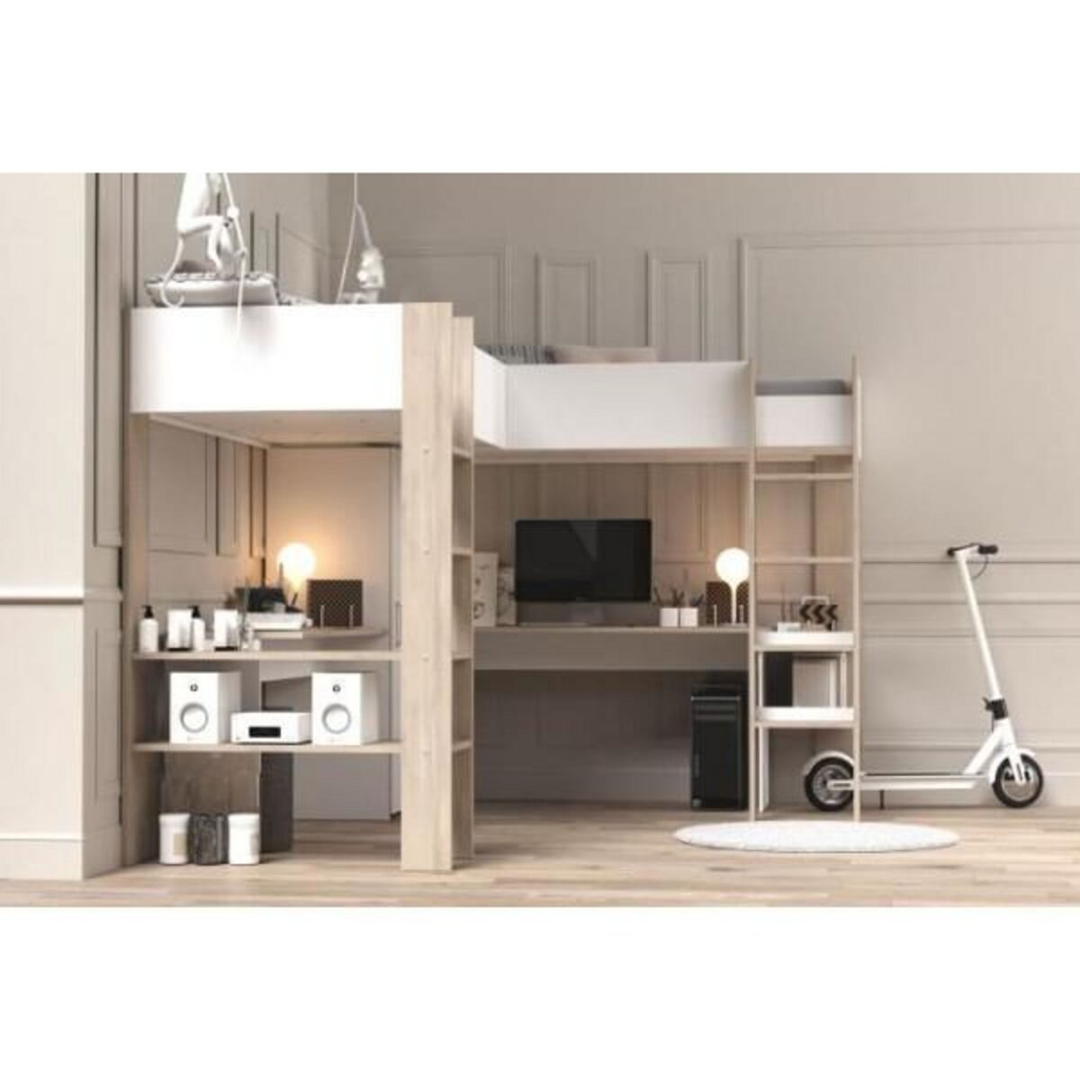 PARISOT Lit double mezzanine combiné enfant ALEXANDRA avec 2 bureaux et rangements - 2x90x200 cm - Blanc/Chene - Sommiers inclus - PARI