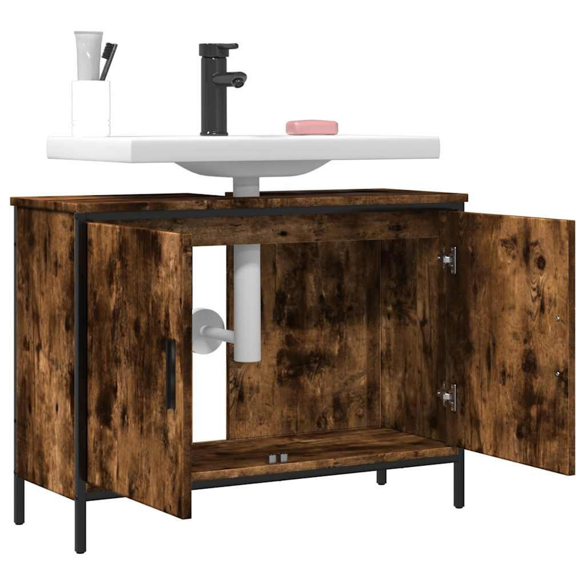 Voir la diapositive 4 : VIDAXL Armoire lavabo de salle de bain chene fume 80x30x60 cm