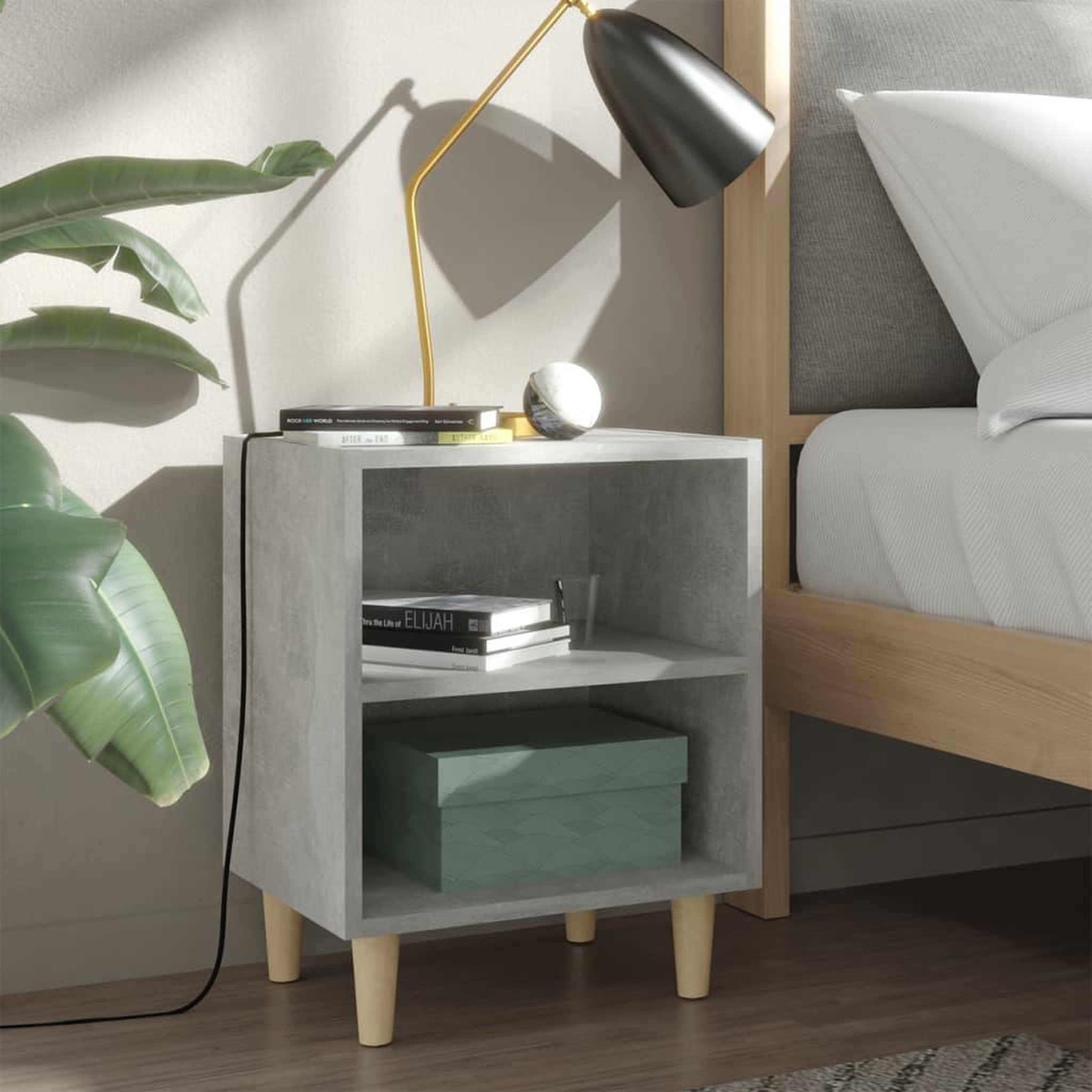 Voir la diapositive 1 : VIDAXL Table de chevet avec pieds en bois Gris beton 40x30x50 cm