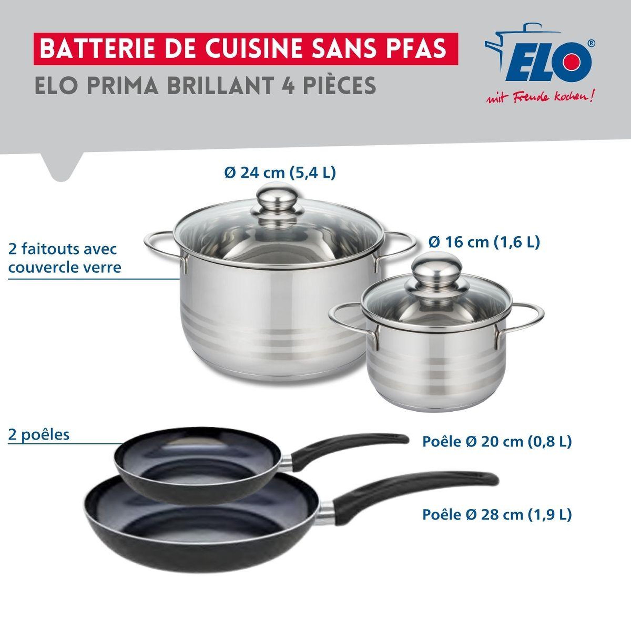 Voir la diapositive 2 : ELO Ensemble de 2 poêles de cuisson 20 et 28 cm et 2 faitouts 16 et 24 cm elo prima brillant