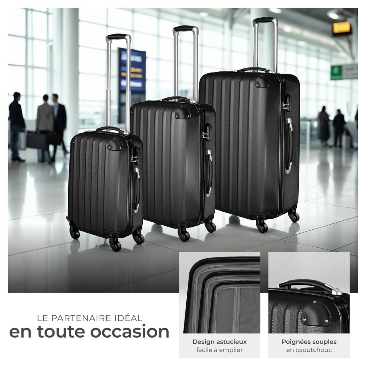 tectake Set de valises trolley rigides 3 parties, en plastique ABS robuste noir