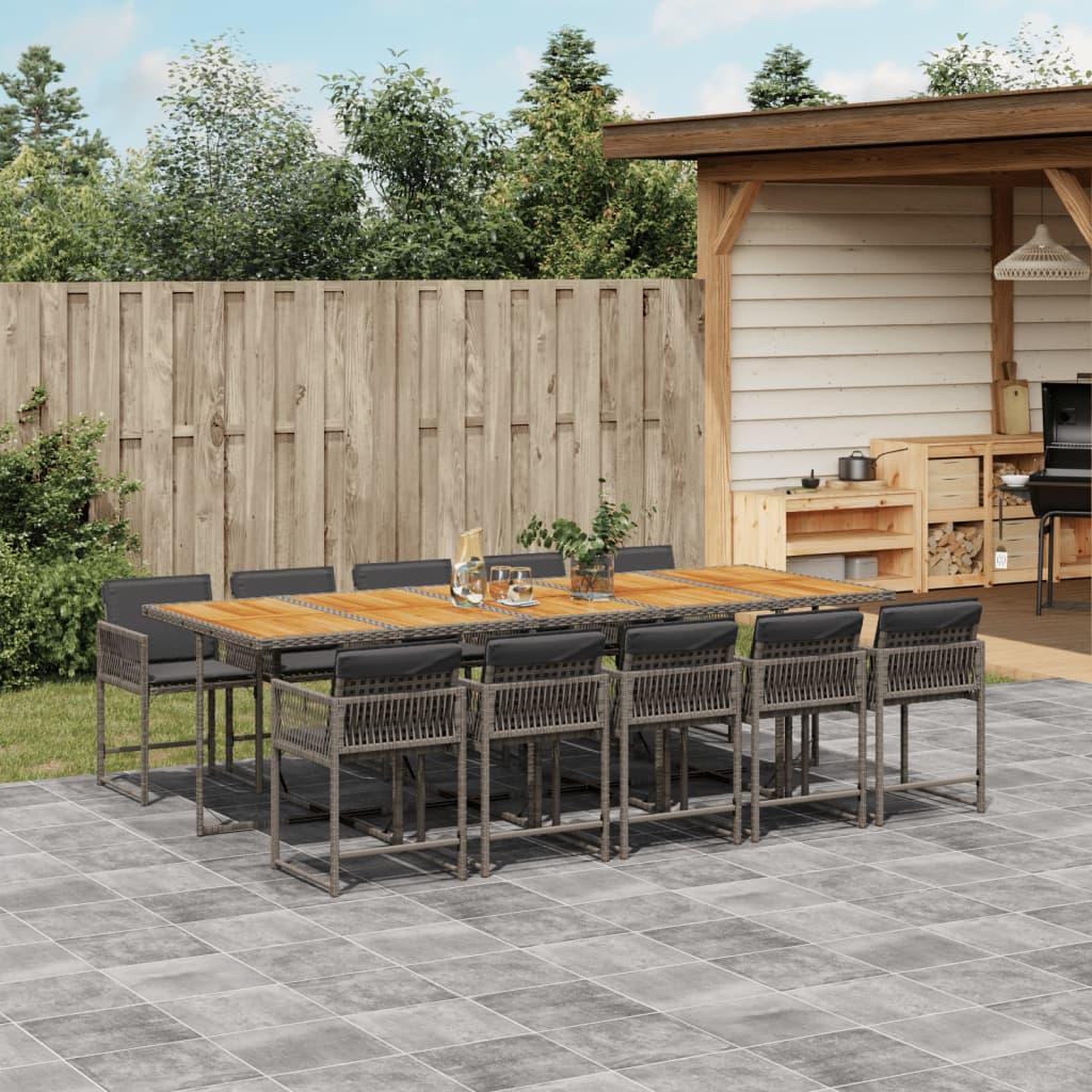 VIDAXL Ensemble a manger de jardin 11pcs avec coussins gris poly rotin