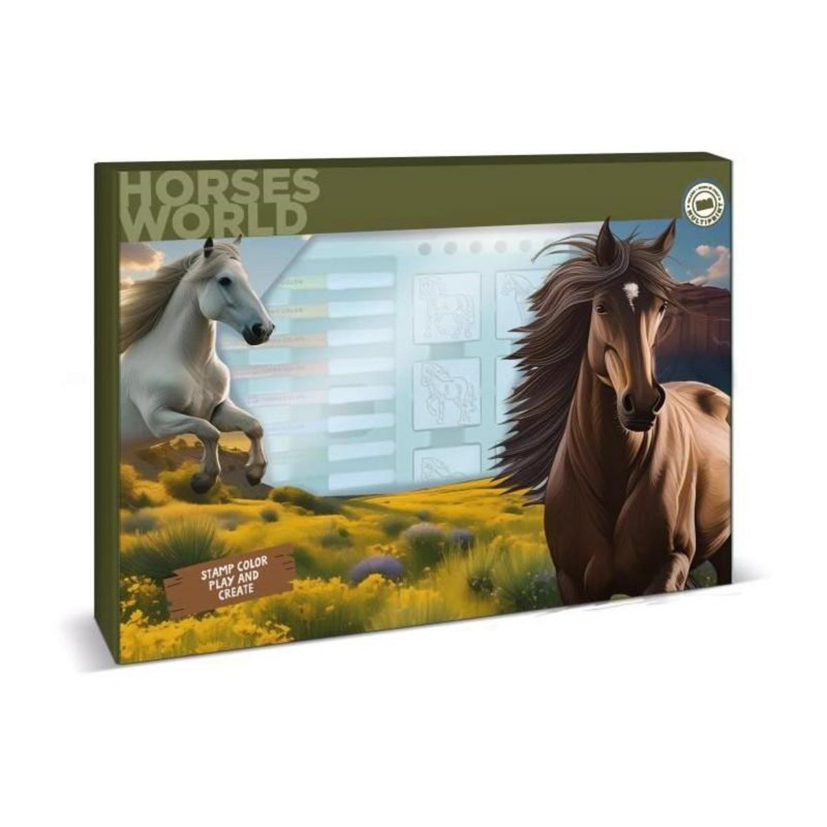 Multiprint Coffret de tampons - MULTIPRINT - 4895 - Les Chevaux - 7 tampons bois et latex, 12 feutres Giotto, regle, album coloriage