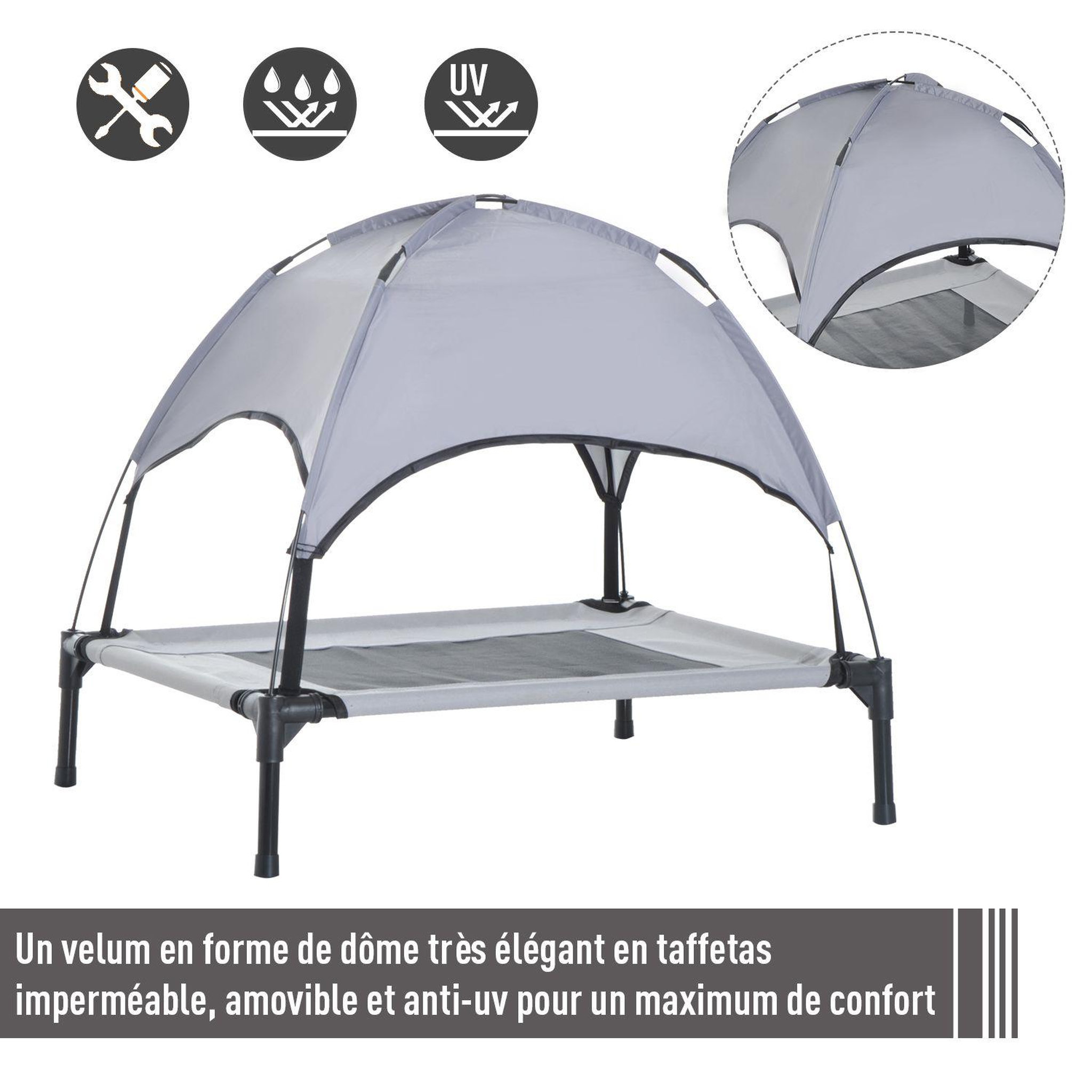 Voir la diapositive 4 : PAWHUT Lit pour chien chat sur pieds lit de camp lit surélevé rafraîchissant velum anti-uv oxford micro-perforé parasol et sac de transport inclus dim. 61l x 46l x 61h cm gris noir