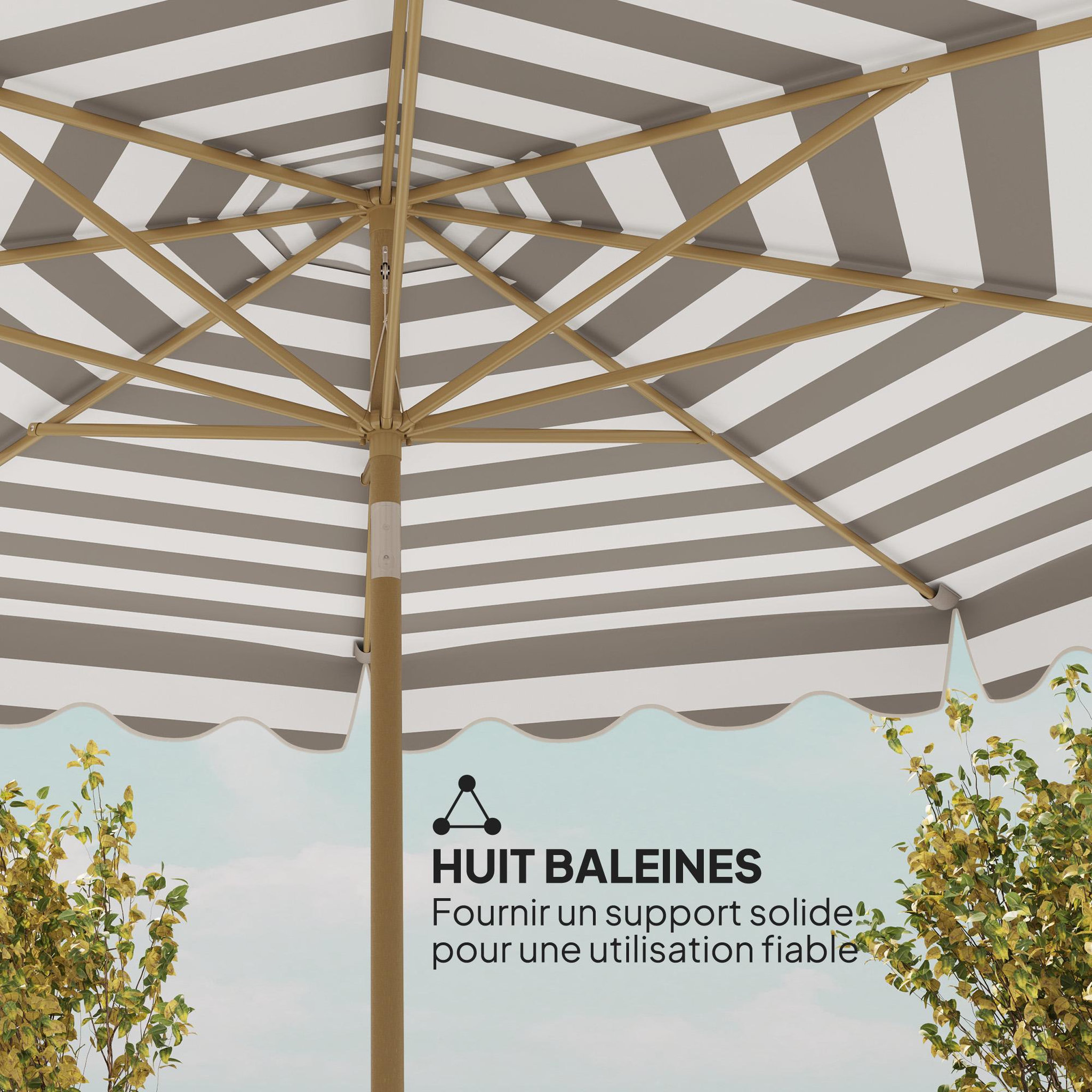 Voir la diapositive 5 : OUTSUNNY Parasol de jardin inclinable octogonal dim.2,7 x 2,4m manivelle métal effet bois tissu UPF 50+ gris taupe blanc
