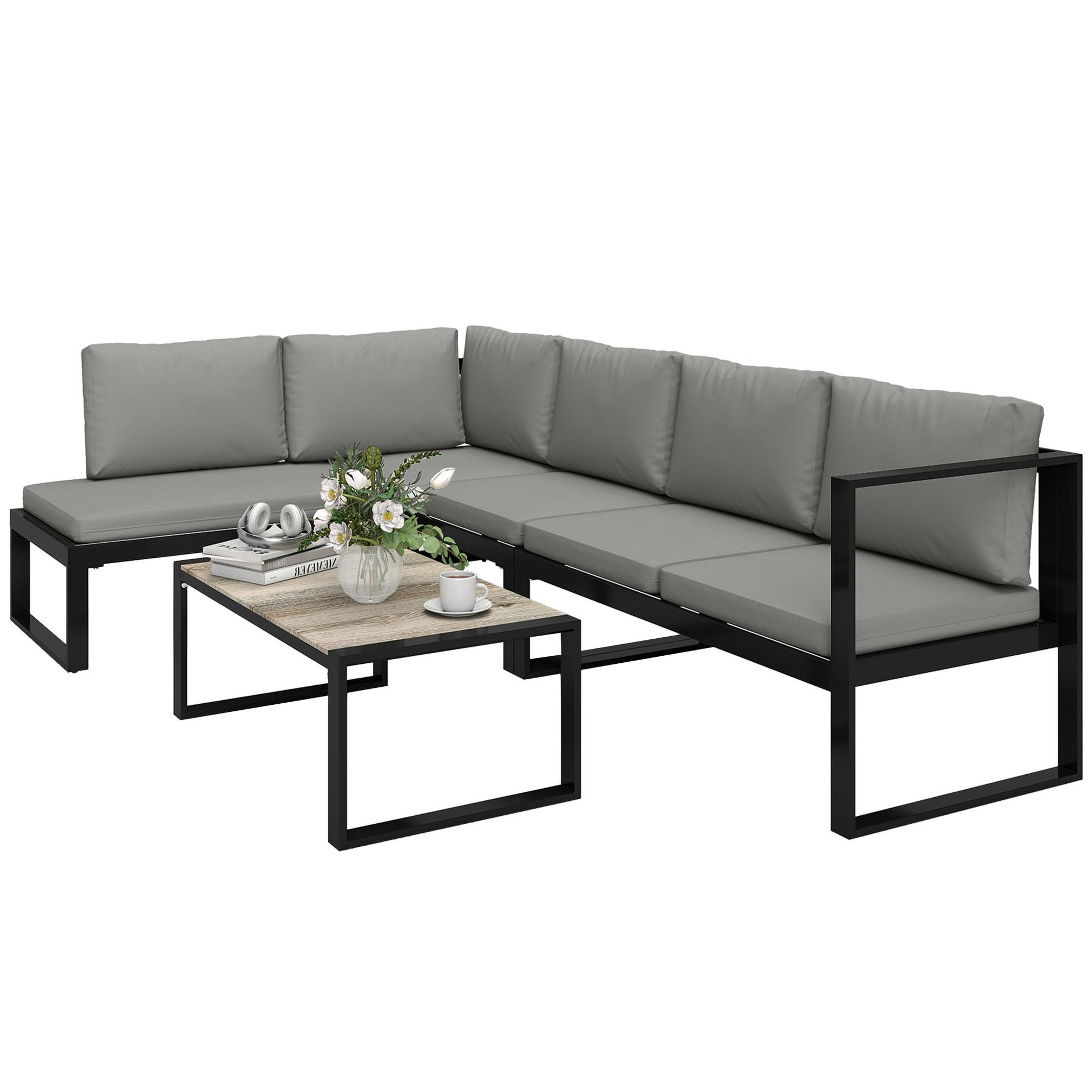 Voir la diapositive 5 : OUTSUNNY Salon de jardin d'angle 5 personnes design table basse coussins gris inclus
