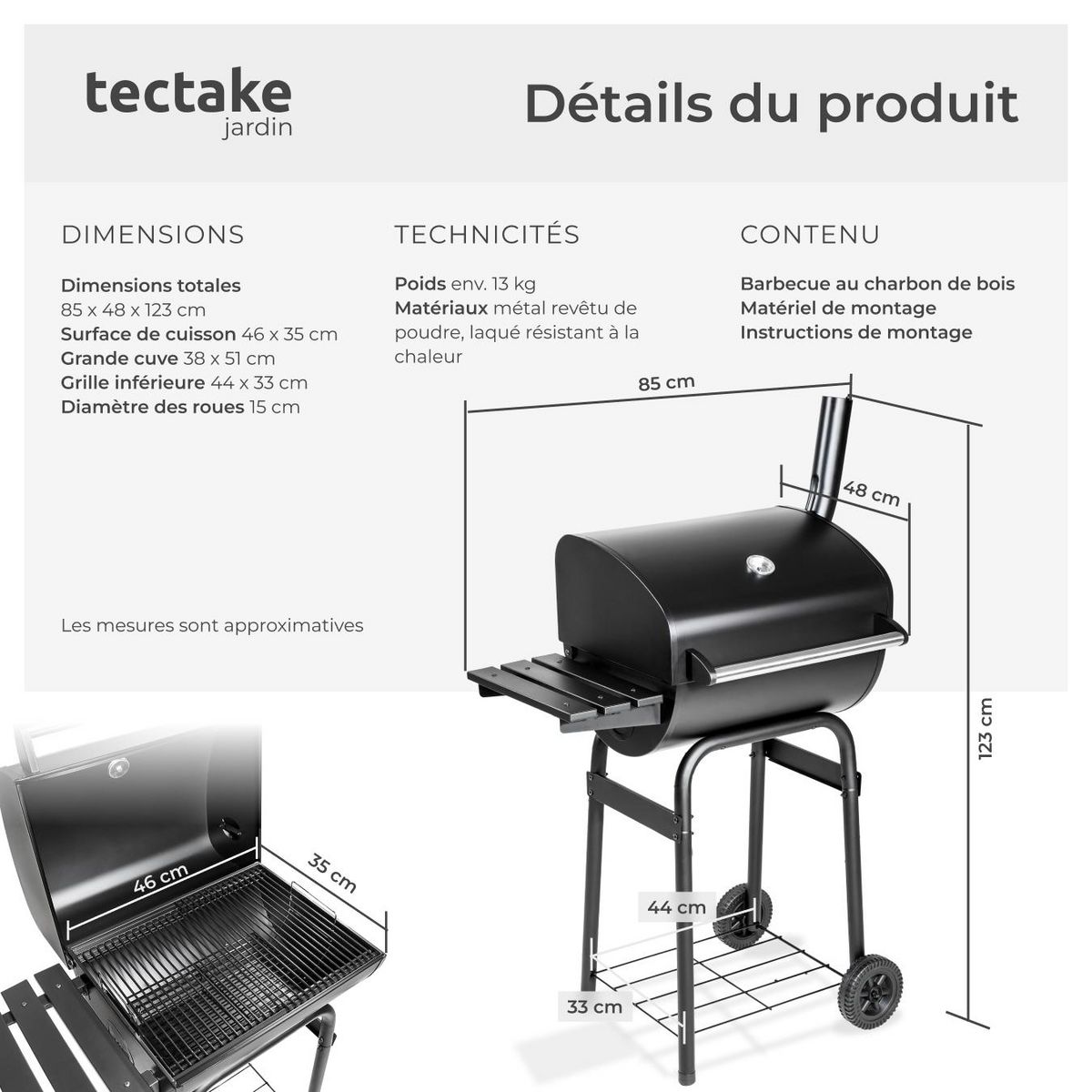 tectake Barbecue charbon avec thermomètre équipé de 2 roues pour un piètement stable noir