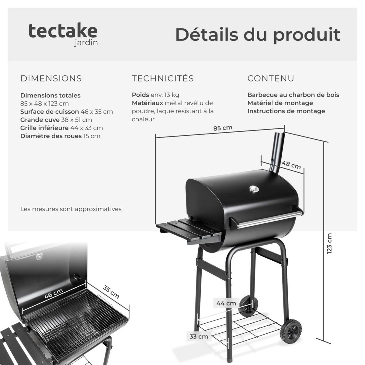 tectake Barbecue charbon avec thermomètre équipé de 2 roues pour un piètement stable noir