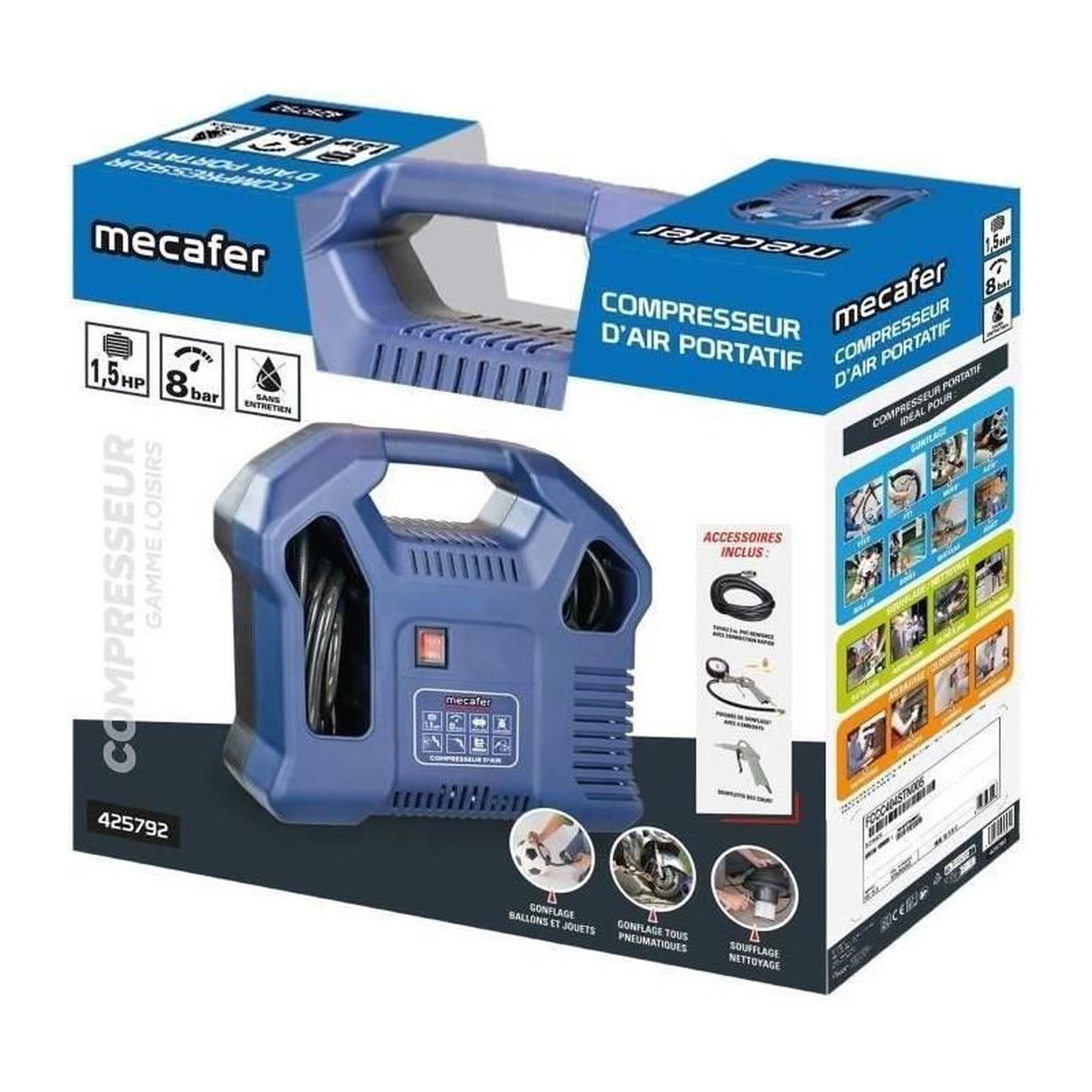 Voir la diapositive 2 : MECAFER Compresseur sans cuve - MECAFER - 425792 - Bleu - 1,5 HP - 8 bars