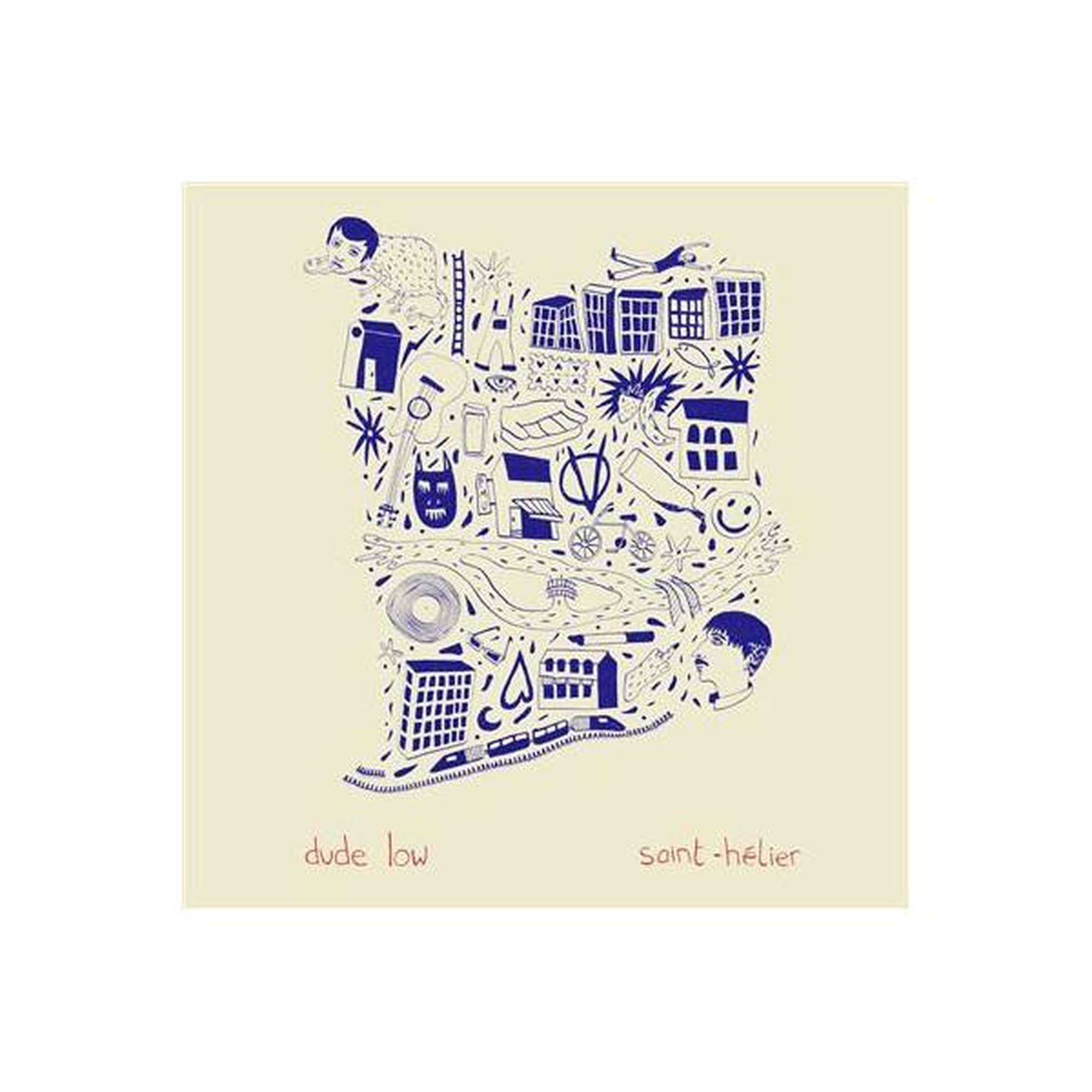 Art mural vinyle illustration ligne bleue saint-hélier sur fond beige clair sans marque