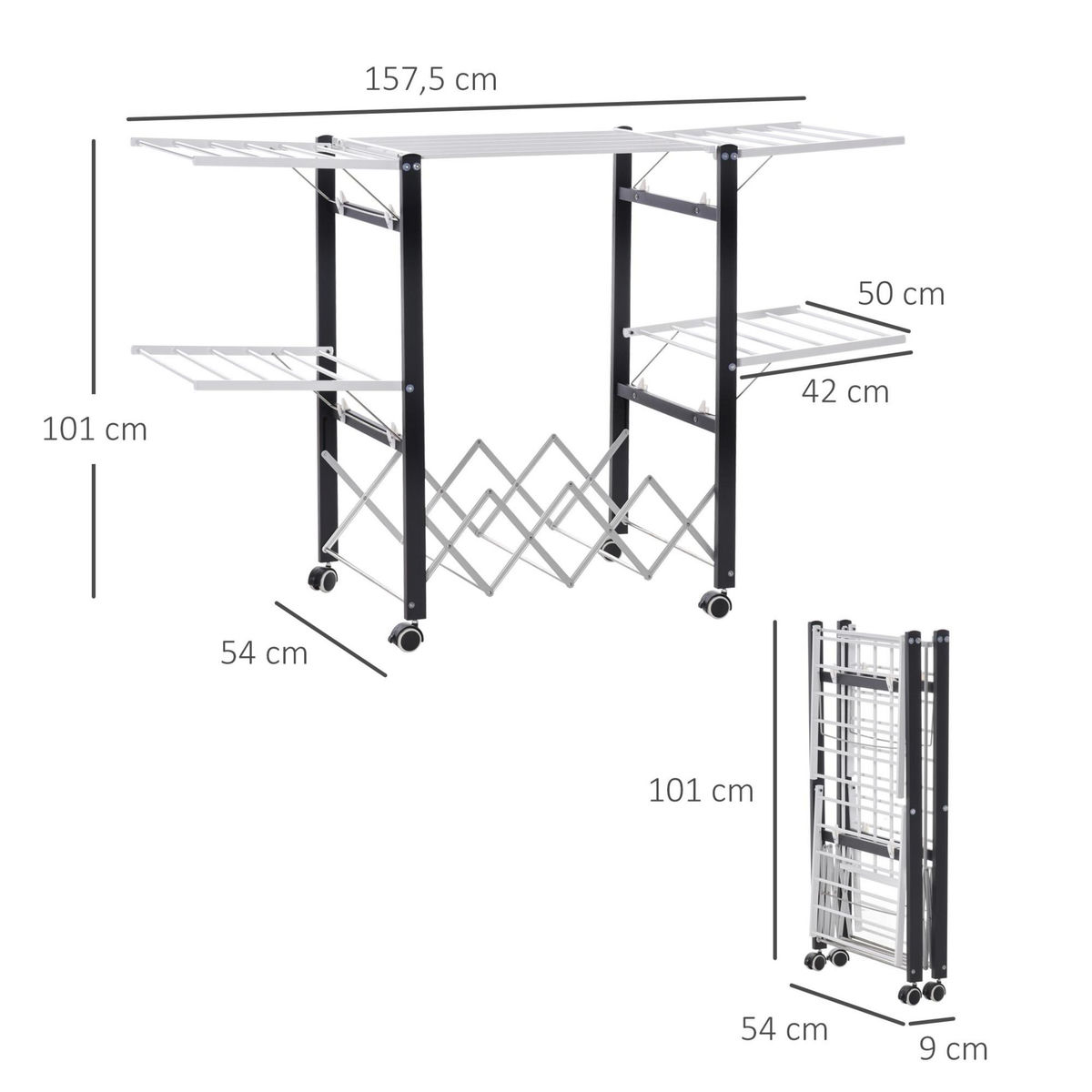 HOMCOM Séchoir à linge étendoir à vêtements pliable réglable avec 4 roulettes - grand capacité - dim. 157,5L x 54l x 101H cm - alu. métal blanc noir