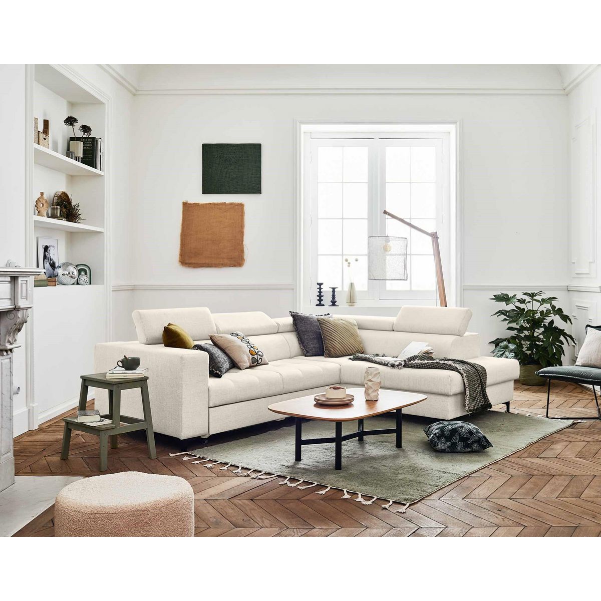 LISA DESIGN Olinda - canapé d'angle droit - 5 places - convertible avec coffre et têtières réglables - en tissu