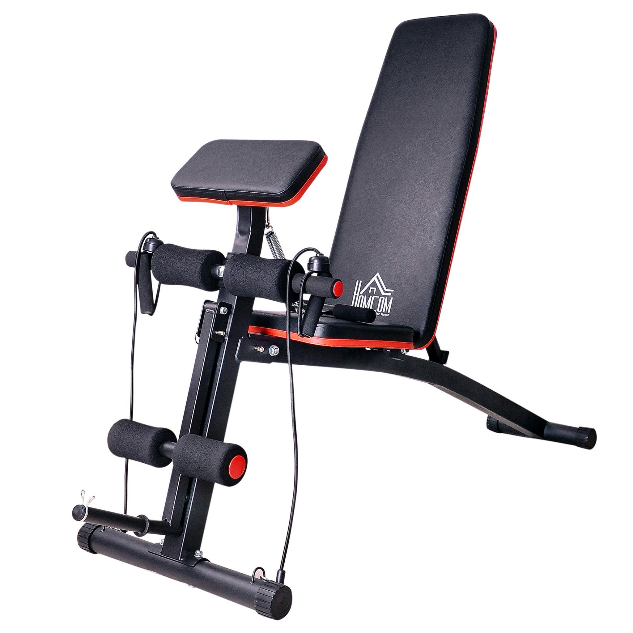 Voir la diapositive 1 : HOMCOM Banc de musculation pliable inclinable réglable sangles élastiques + support haltères inclus acier noir rouge