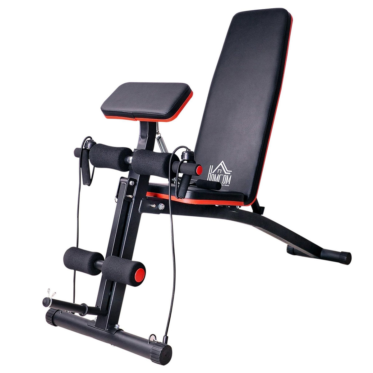 HOMCOM Banc de musculation pliable inclinable réglable sangles élastiques + support haltères inclus acier noir rouge