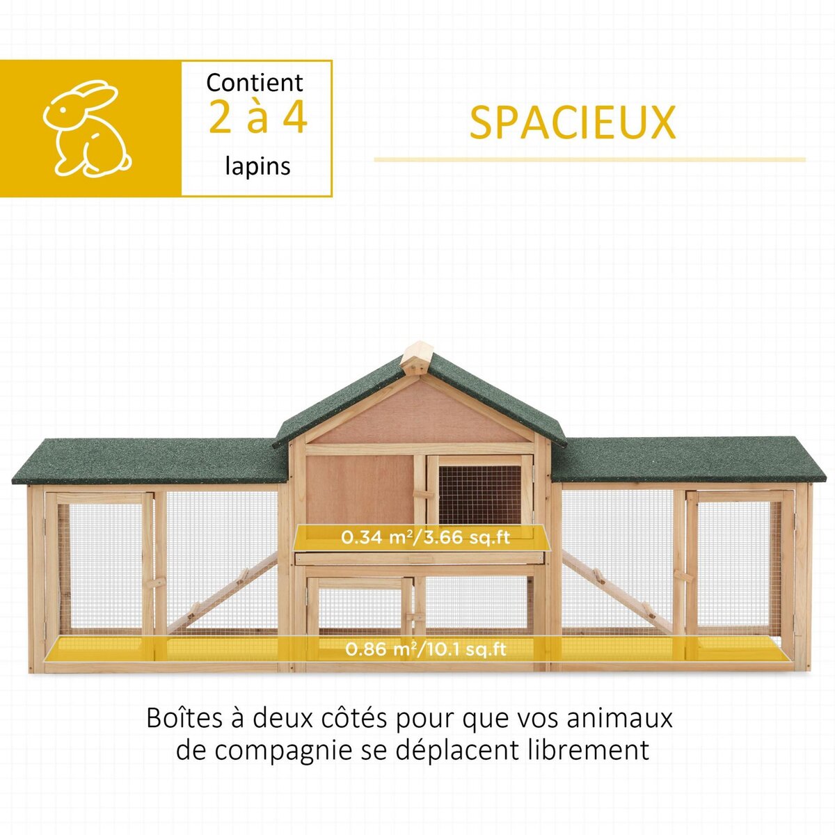 PAWHUT Clapier cage à lapins rongeurs XXL 2 étages toit bitumé intégral tiroir déjection 2,10L x 0,46l x 0,85H m bois massif pin pré-huilé