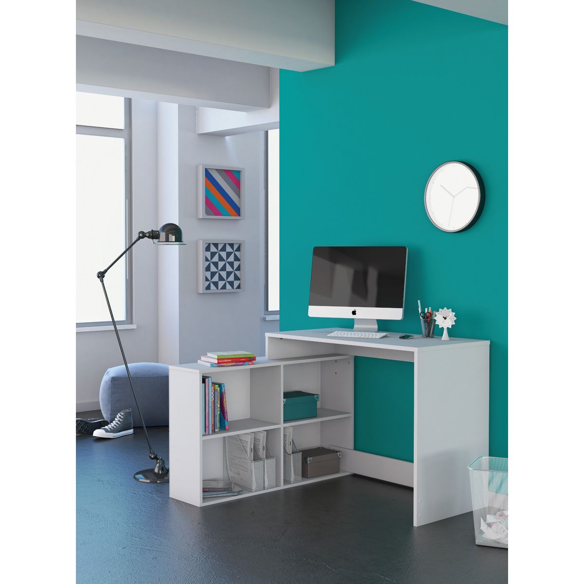 Bureau d'angle droit ou gauche avec rangements L112cm MAX