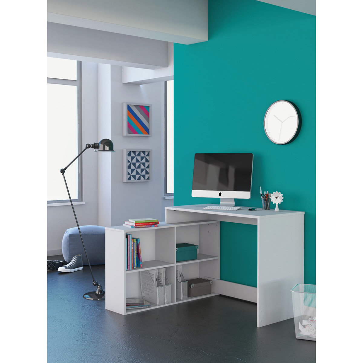 Bureau d'angle droit ou gauche avec rangements L112cm MAX