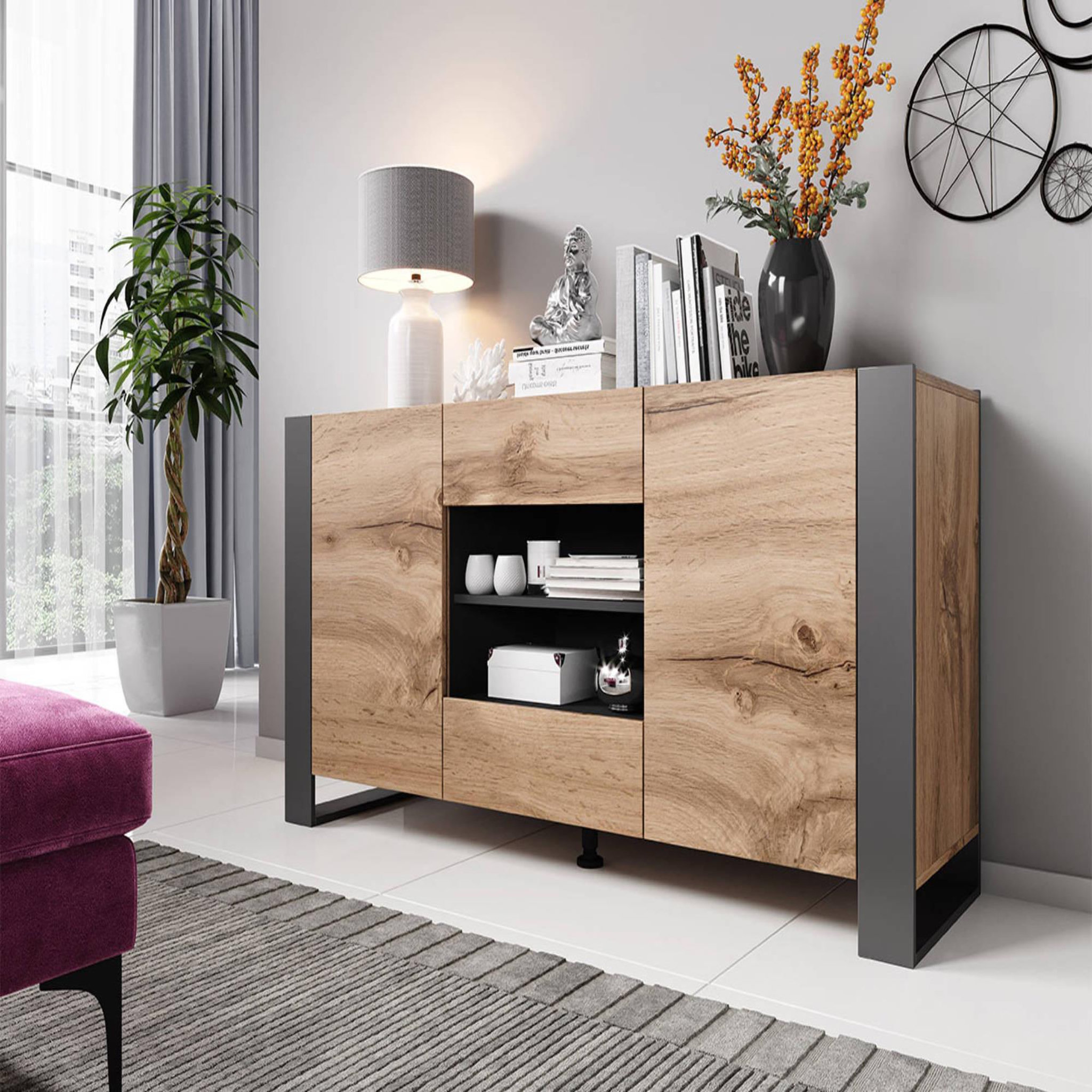 BEST MOBILIER Willow - buffet bas - effet bois et gris - 2 portes, 2 tiroirs et 2 niches - 164 cm. Coloris disponibles : Marron