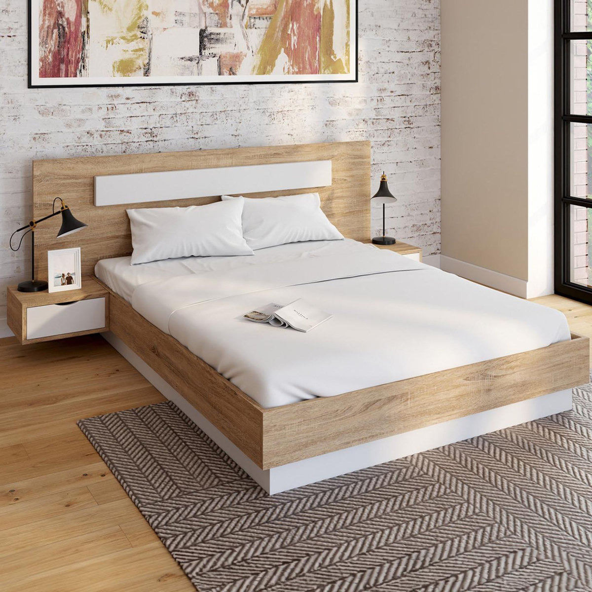 ID MARKET Lit double SANTA avec tête de lit + tables de chevet intégrées et sommier 140 x 190 cm bois et blanc