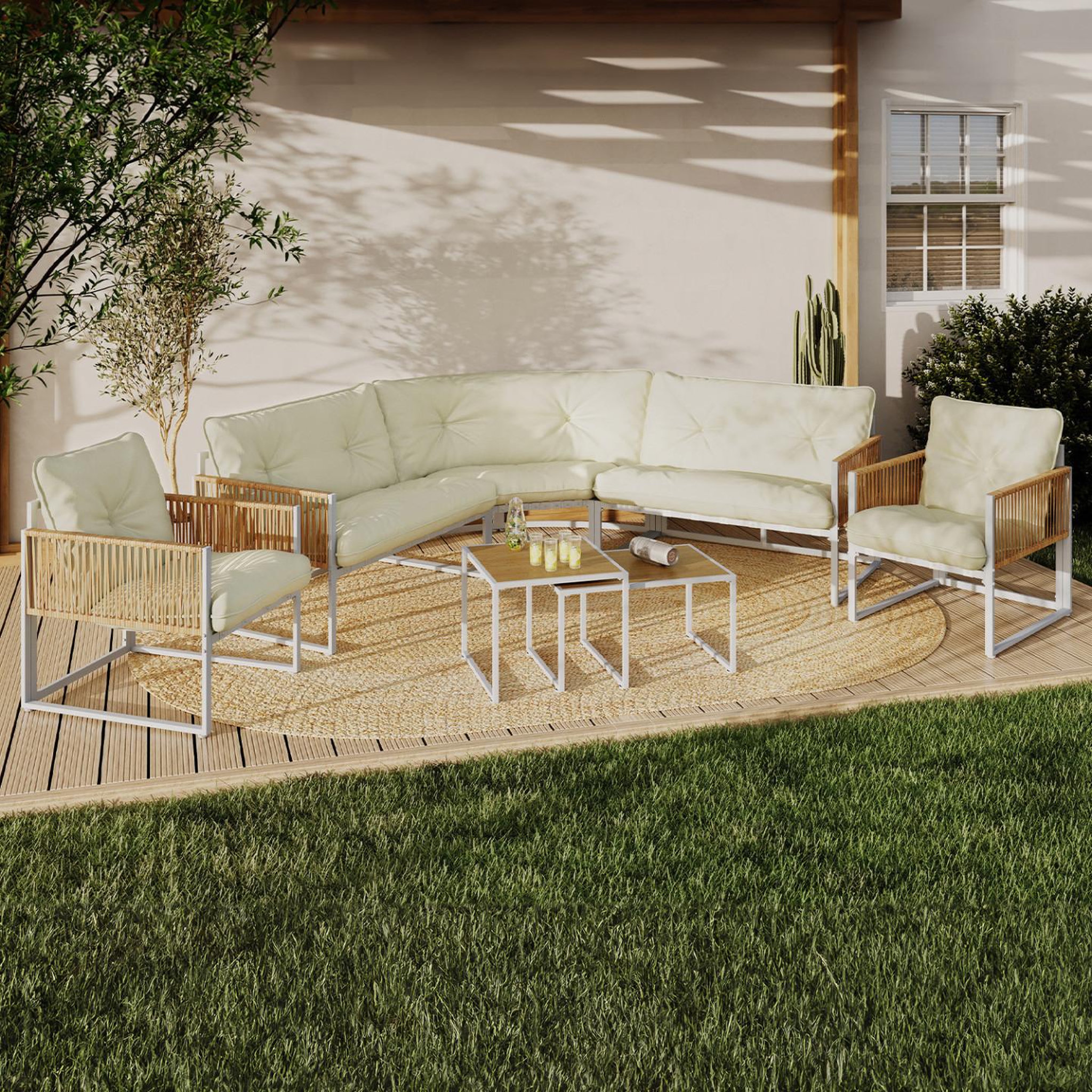 Voir la diapositive 2 : ID MARKET Salon de jardin bas rio 8 places salon d'angle structure métal blanc et cordage effet rotin avec coussins beiges