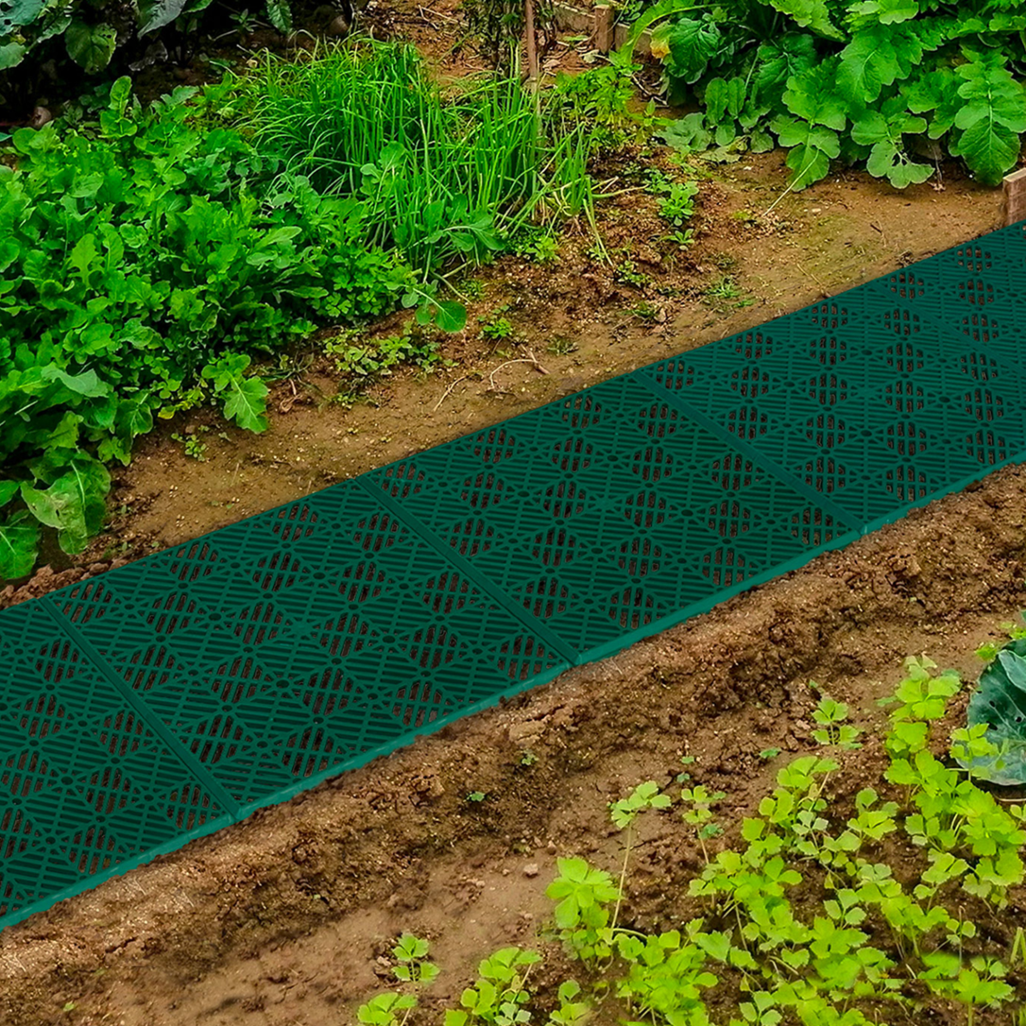 Voir la diapositive 2 : ID MARKET Lot de 10 dalles caillebotis de jardin vert 29.5x29.5 cm