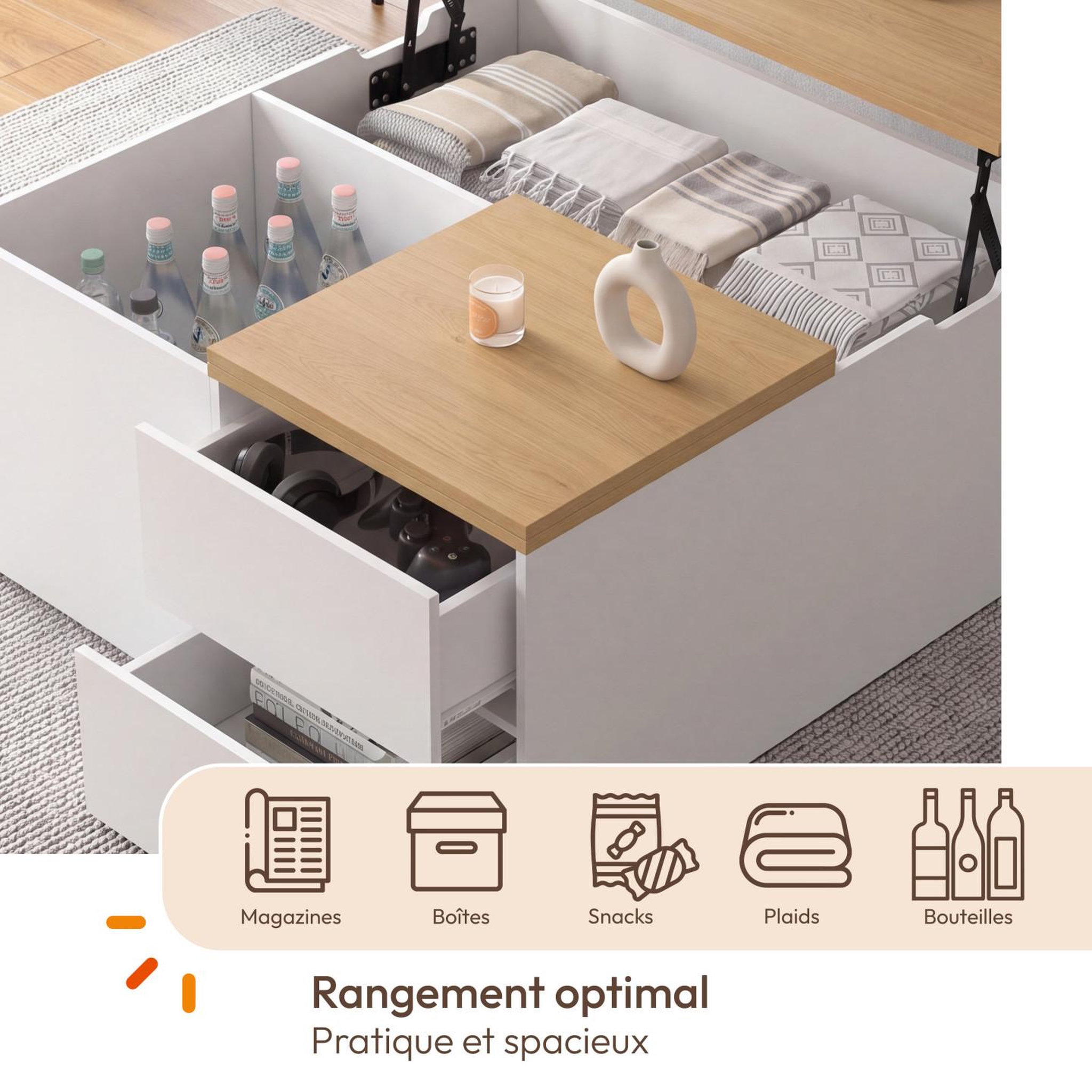 Voir la diapositive 6 : ID MARKET Table basse plateau relevable carrée CALIA 80 cm avec 2 coffres et 2 tiroirs blanc et bois