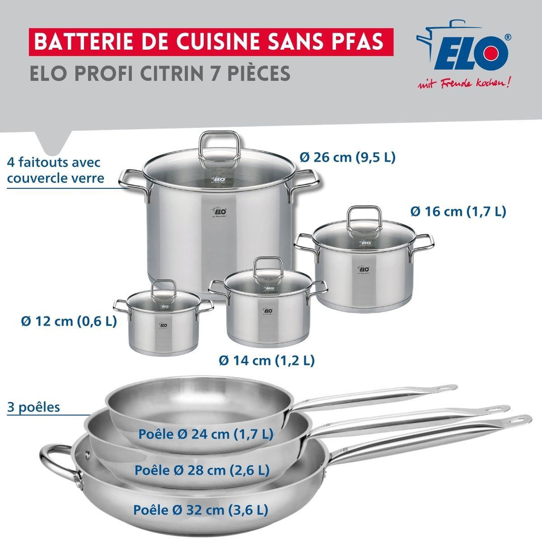 Voir la diapositive 2 : ELO Ensemble de 3 poêles de cuisson 24, 28 et 32 cm et 4 faitouts 12, 14, 16 et 26 cm elo profi citrin