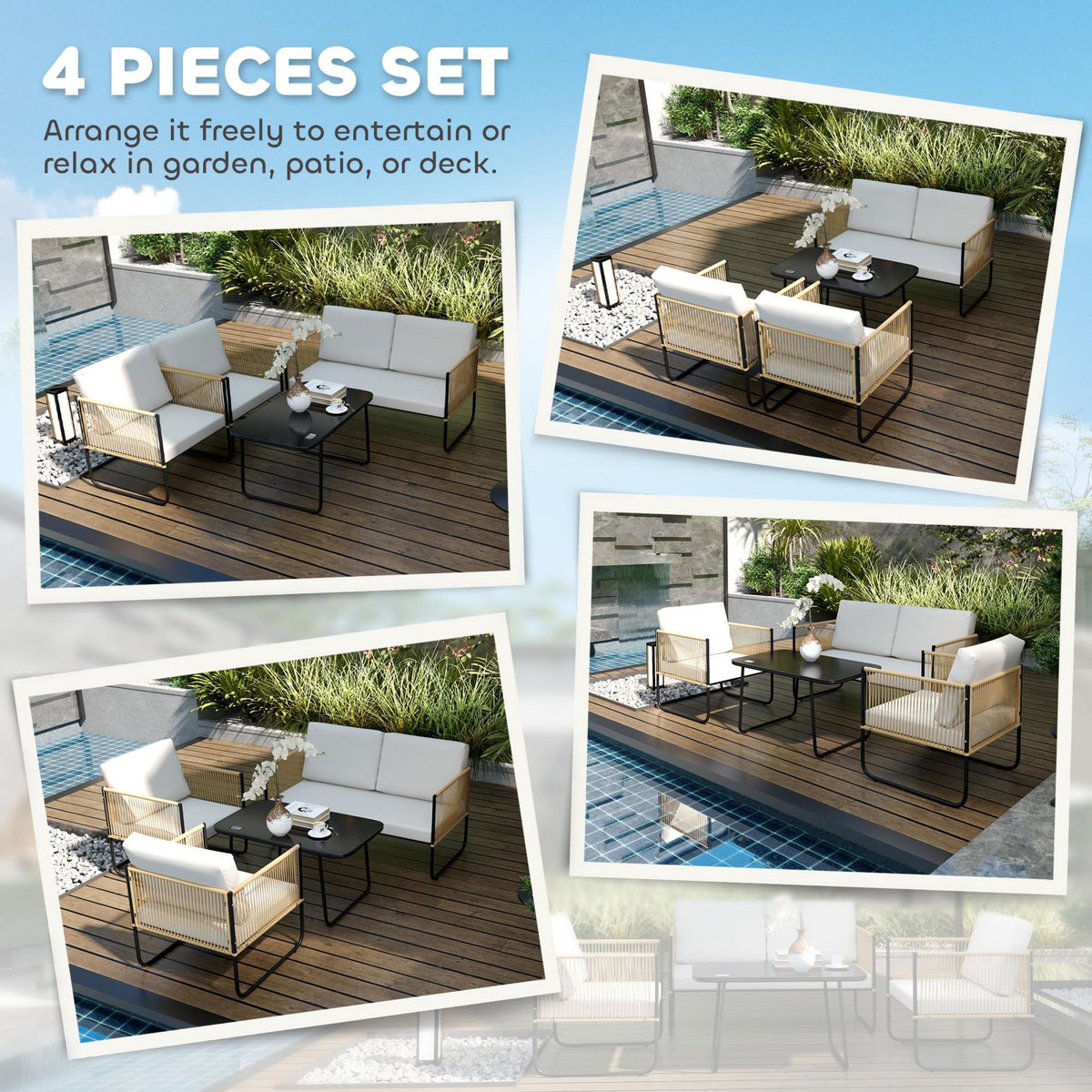 OUTSUNNY Salon de jardin 4 personnes 4 pièces style colonial acier noir résine filaire naturel