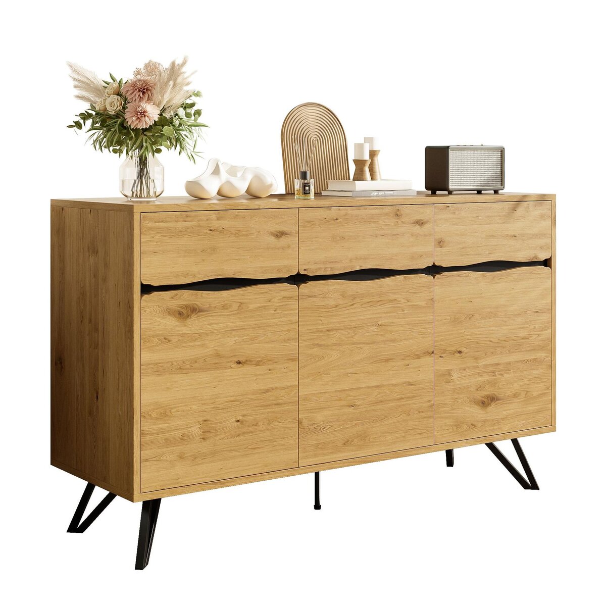 MERAX Buffet 3 porte(s) 0 tiroir(s) - 140 cm naturel+noir panneau de particules